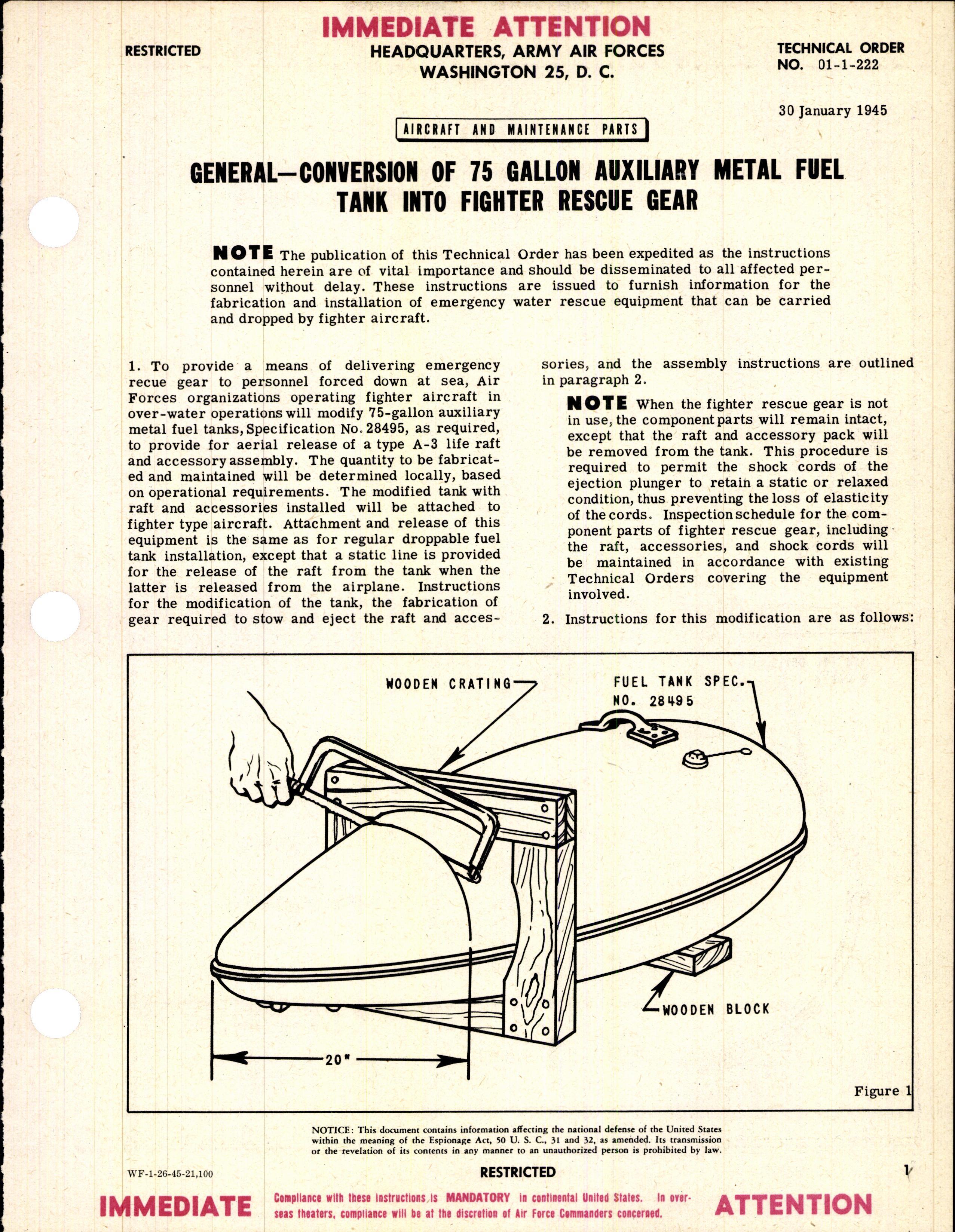 Sample page 1 from AirCorps Library document: Conversion of 75 Gallon Auxiliary Metal Fuel Tank Into Fighter Rescue Gear