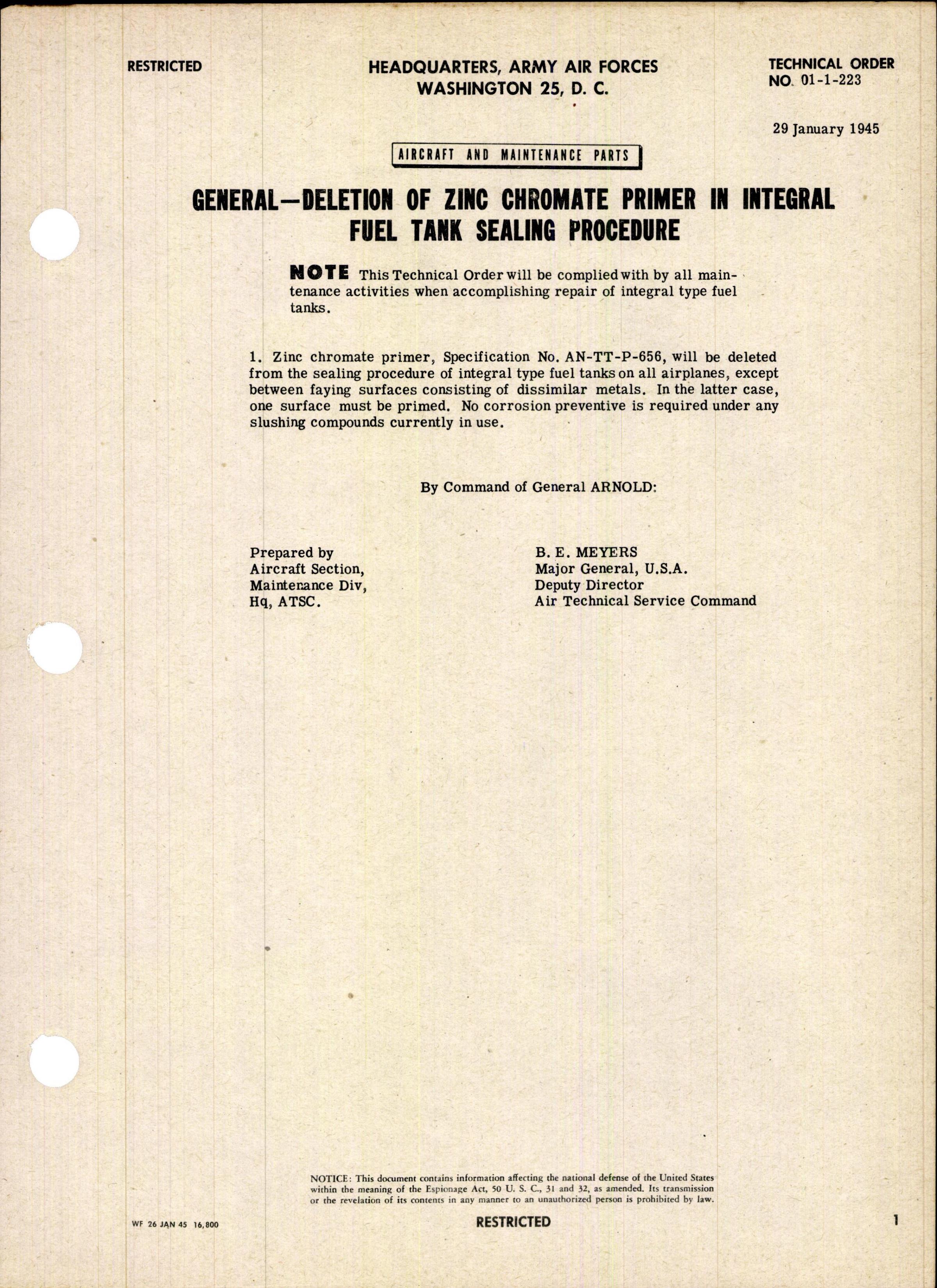 Sample page 1 from AirCorps Library document: Deletion of Zinc Chromate Primer in Integral Fuel Tank Sealing Procedure