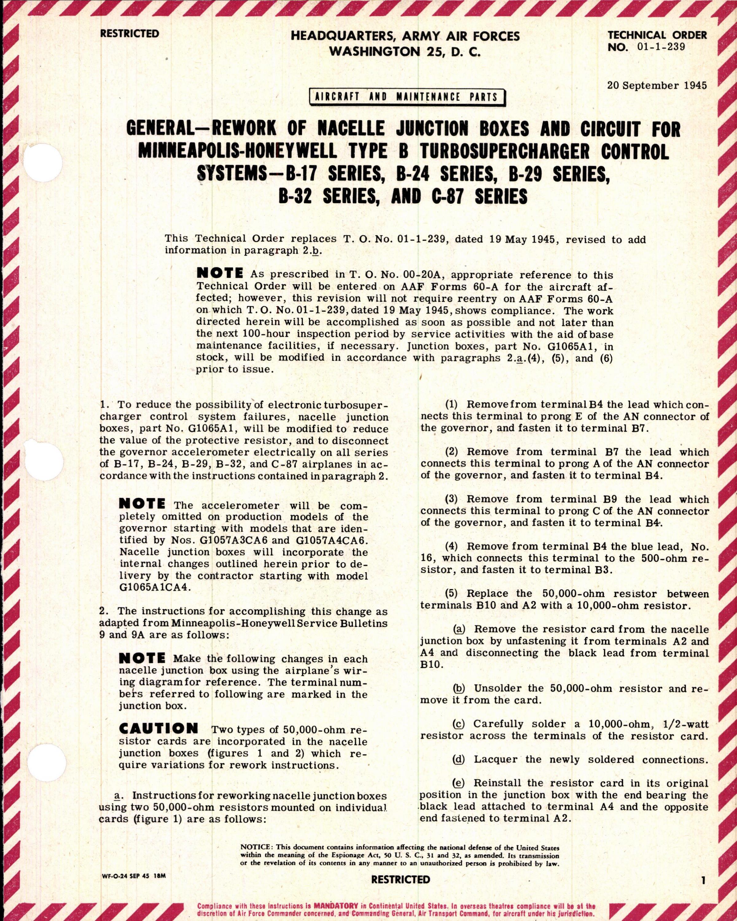 Sample page 1 from AirCorps Library document: Rework of Nacelle Junction Boxes and Circuit for Minneapolis-Honeywell Type B Turbosupercharger Control Systems