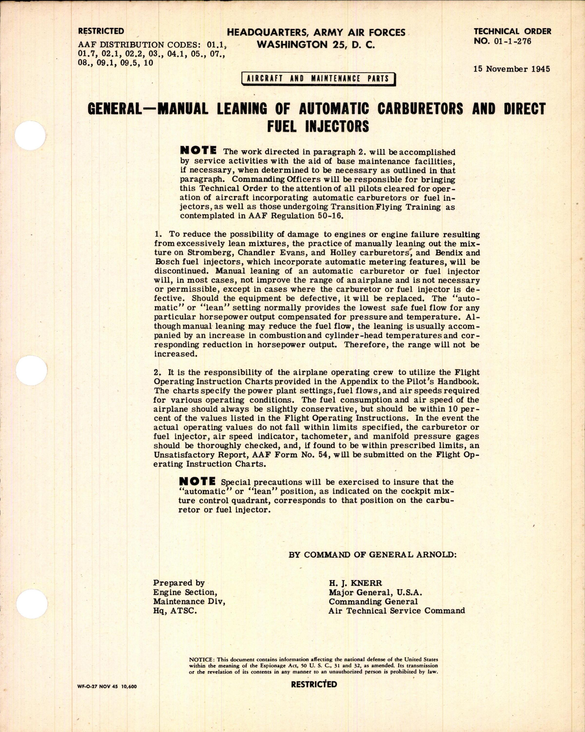 Sample page 1 from AirCorps Library document: Manual Leaning of Automatic Carburetors and Direct Fuel Injectors