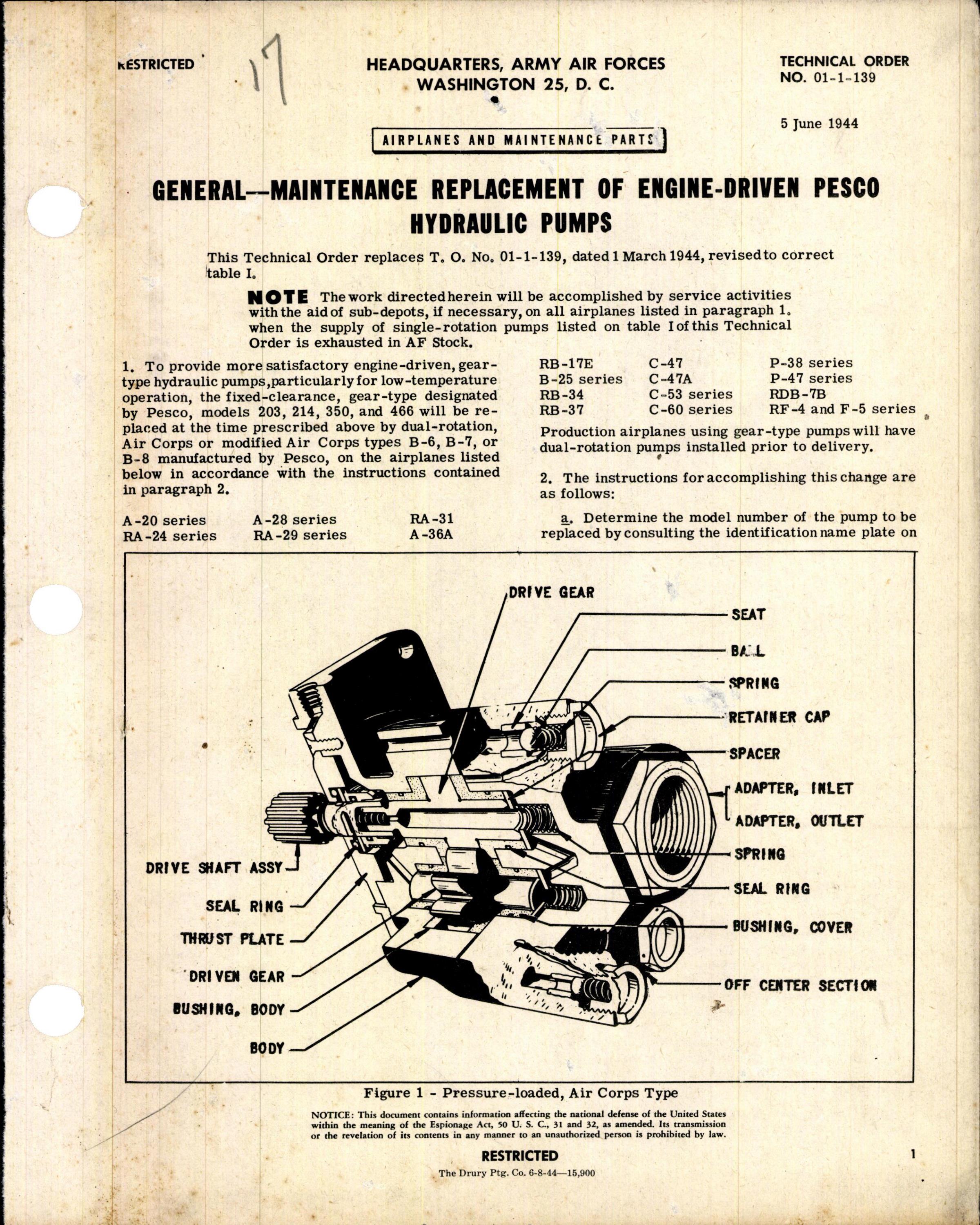Sample page 1 from AirCorps Library document: Maintenance Replacement of Engine-Driven Pesco Hydraulic Pumps