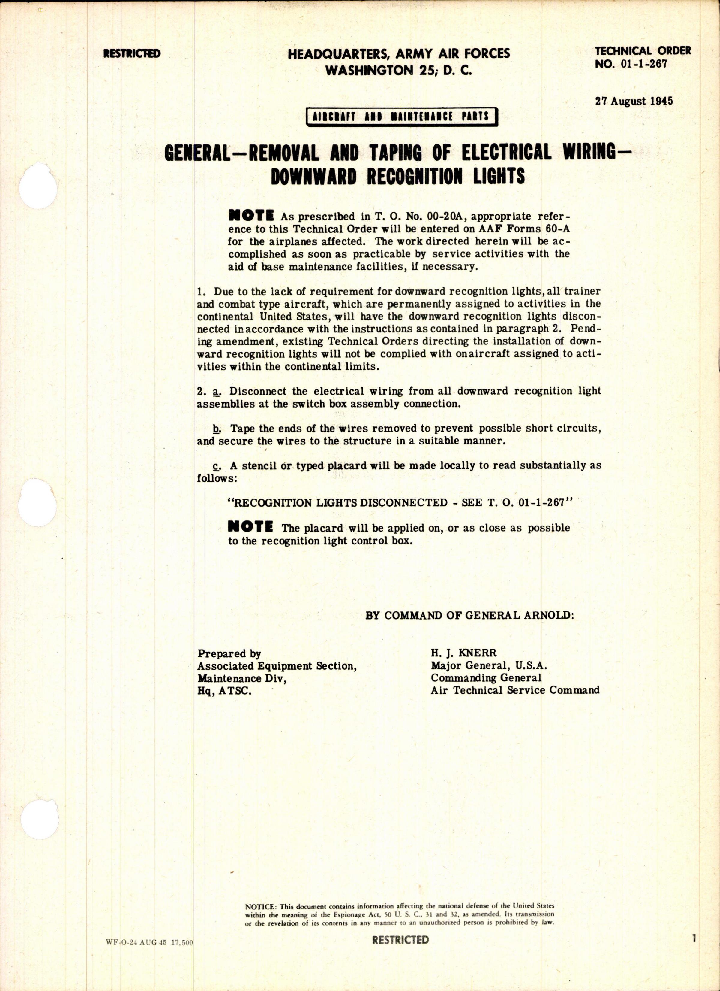 Sample page 1 from AirCorps Library document: Removal and Taping of Electrical Wiring for Downward Recognition Lights