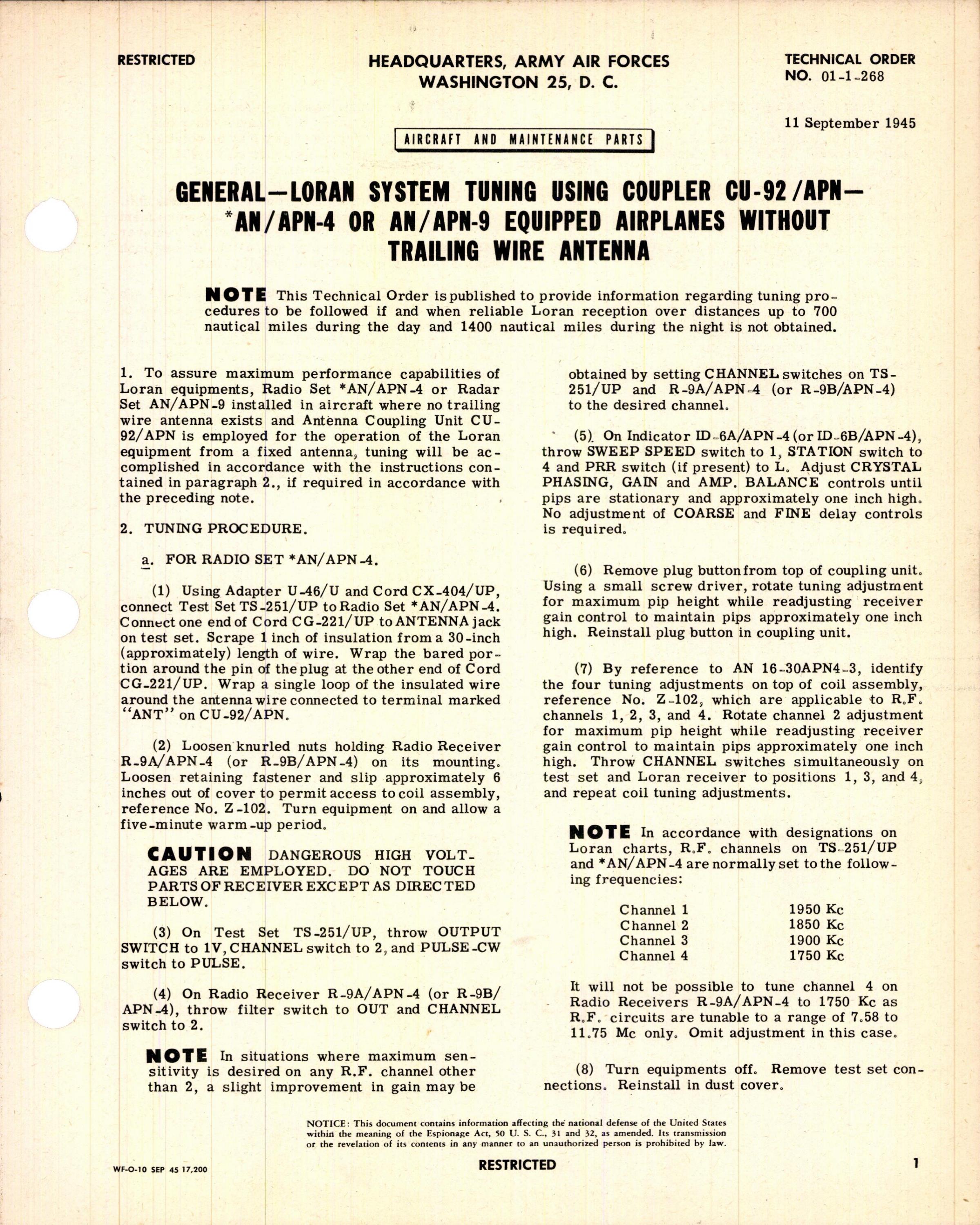 Sample page 1 from AirCorps Library document: Loran System Tuning Using Coupler CU-92/APN