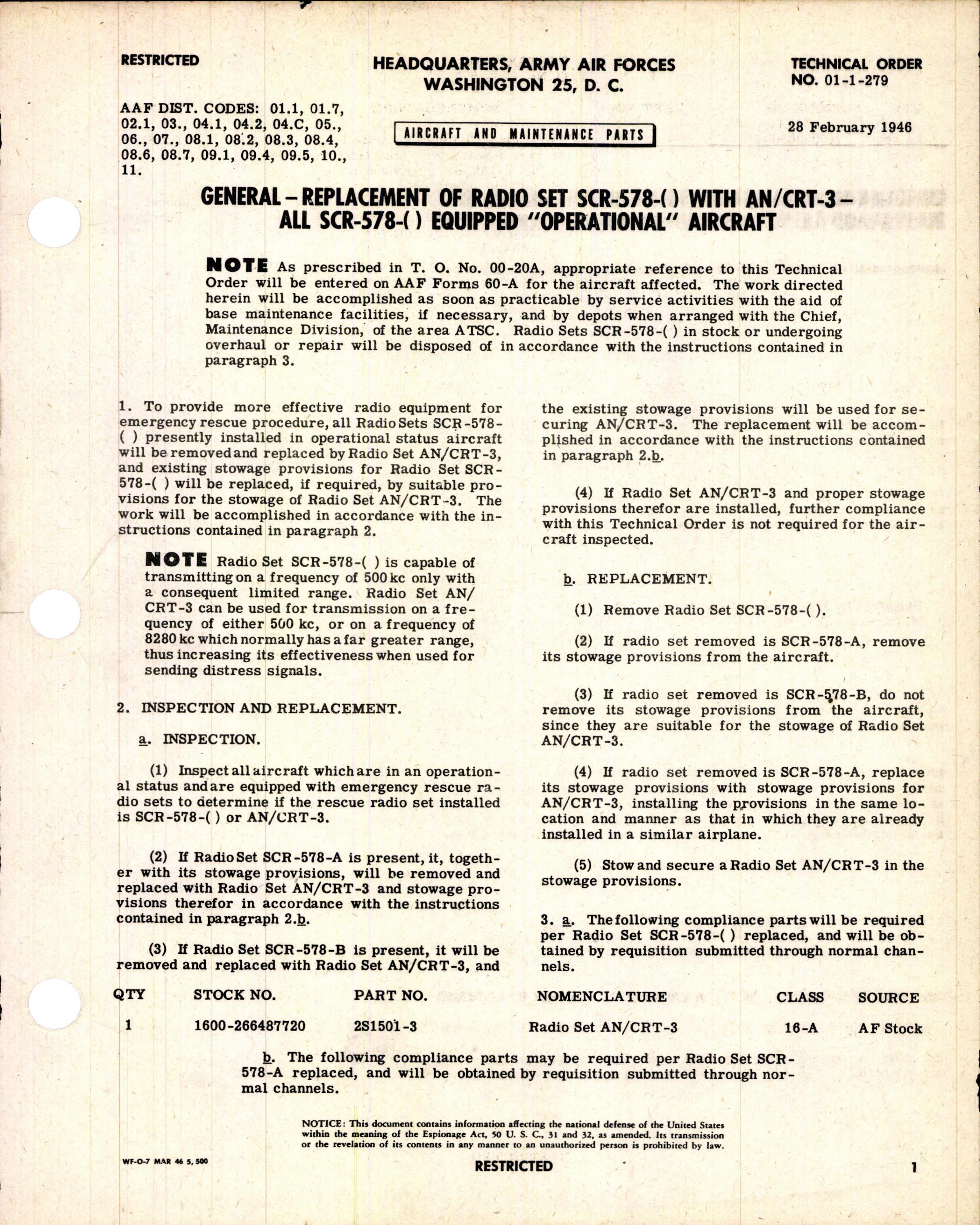 Sample page 1 from AirCorps Library document: Replacement of Radio Set SCR-578-( ) with AN-CRT-3