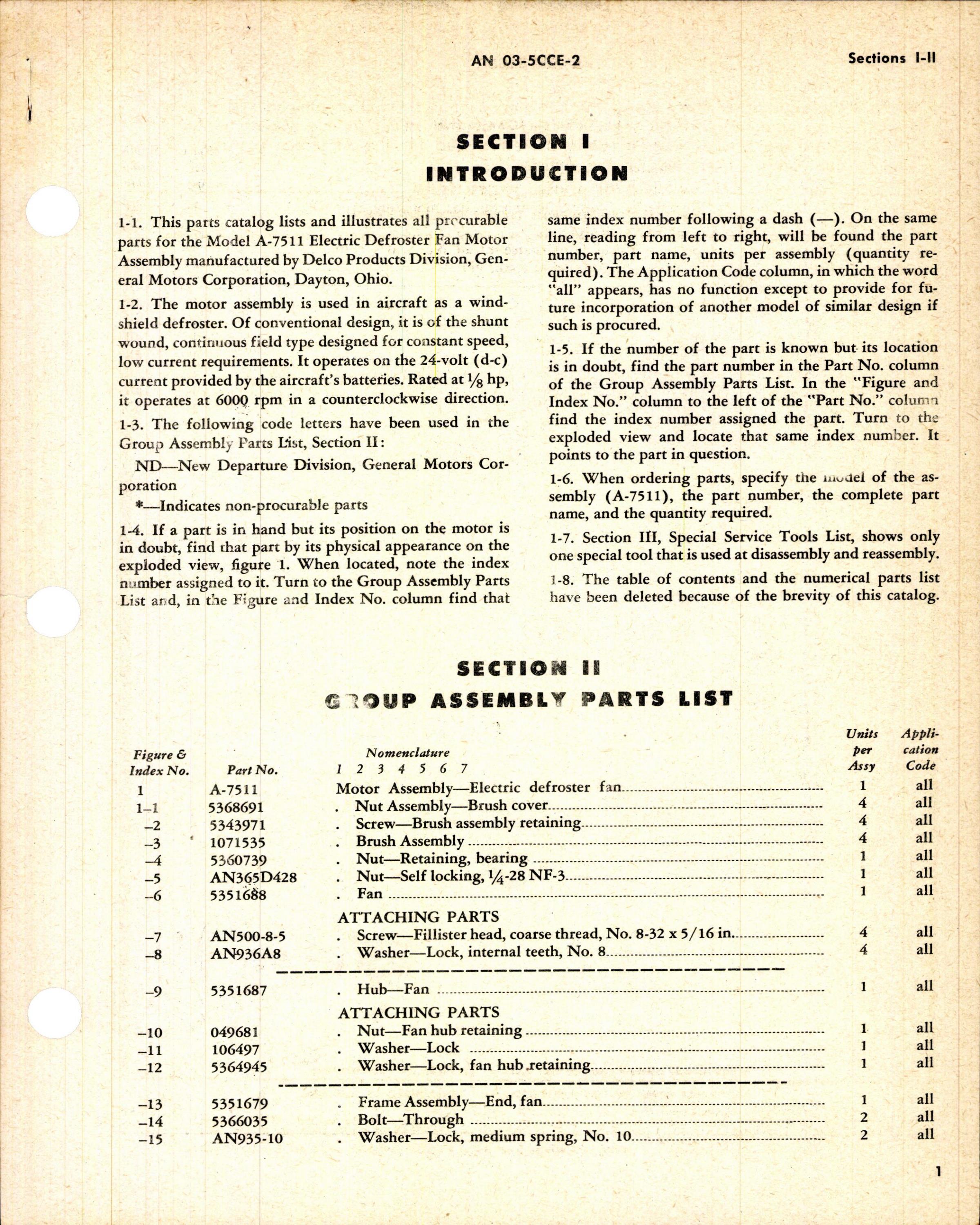 Sample page 3 from AirCorps Library document: Parts Catalog for Delco Electric Defroster Fan Motor Part No. A-7511