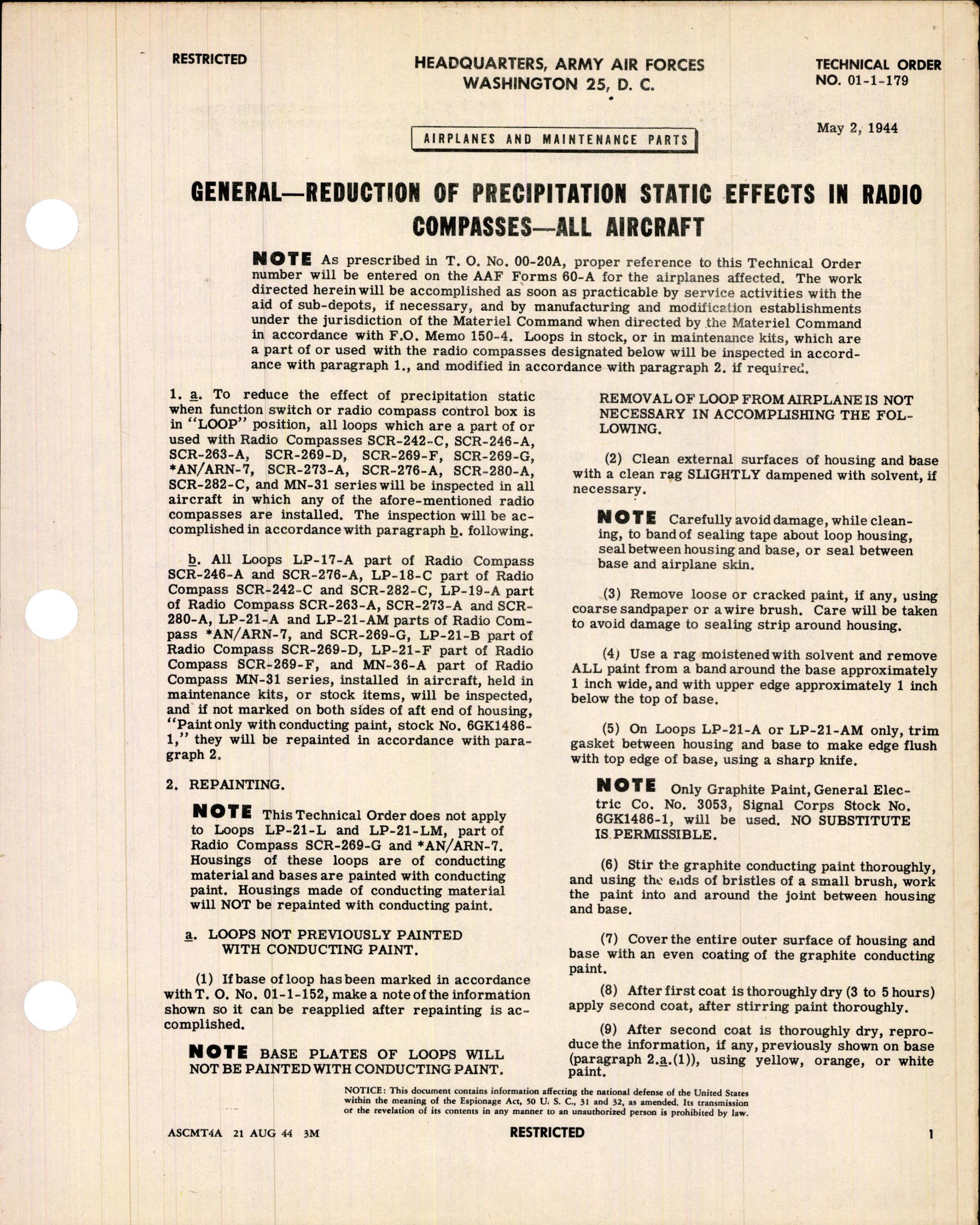 Sample page 1 from AirCorps Library document: Reduction of Precipitation Static Effects in Radio Compasses