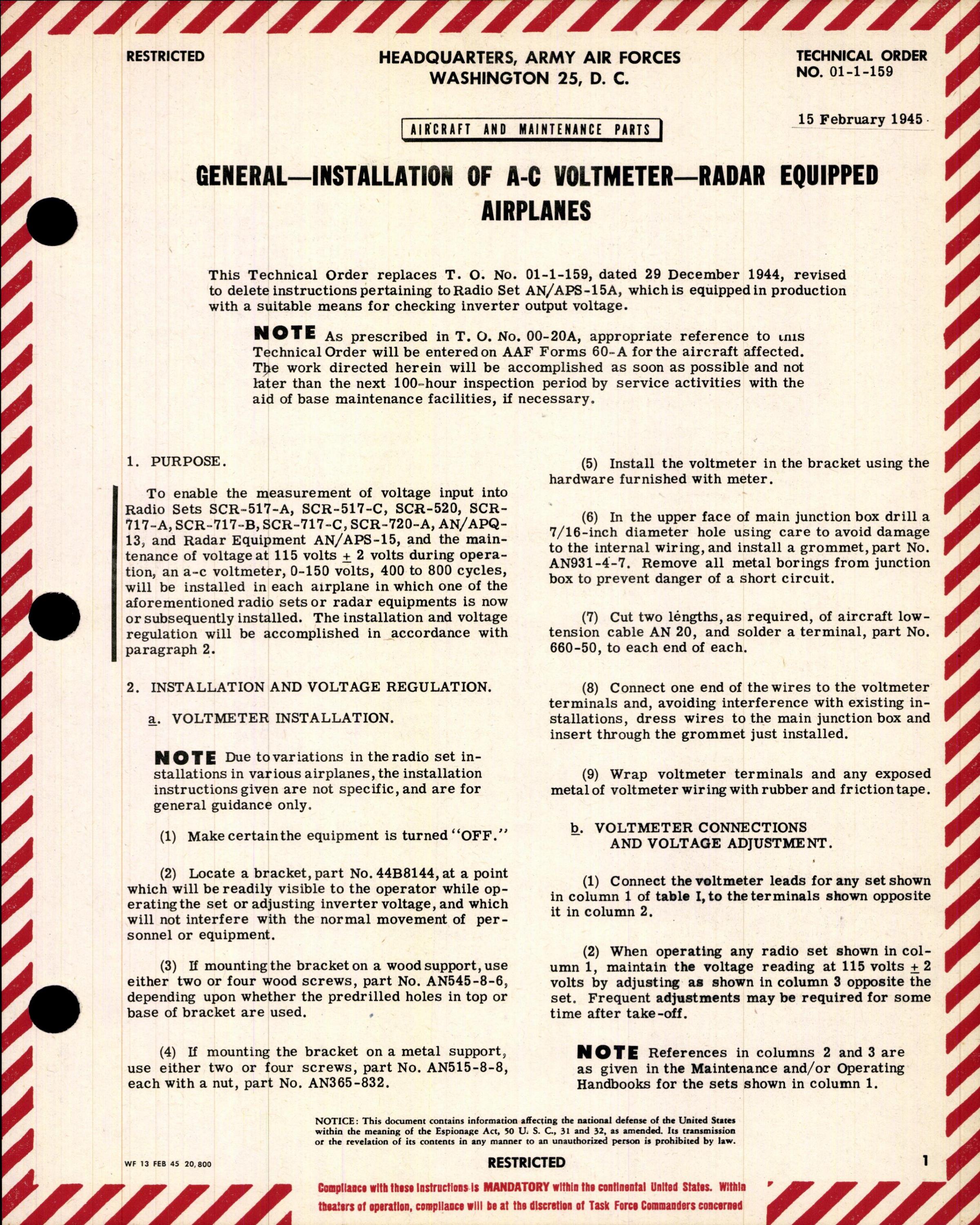 Sample page 1 from AirCorps Library document: Installation of A-C Voltmeter for Radar Equipped Airplanes