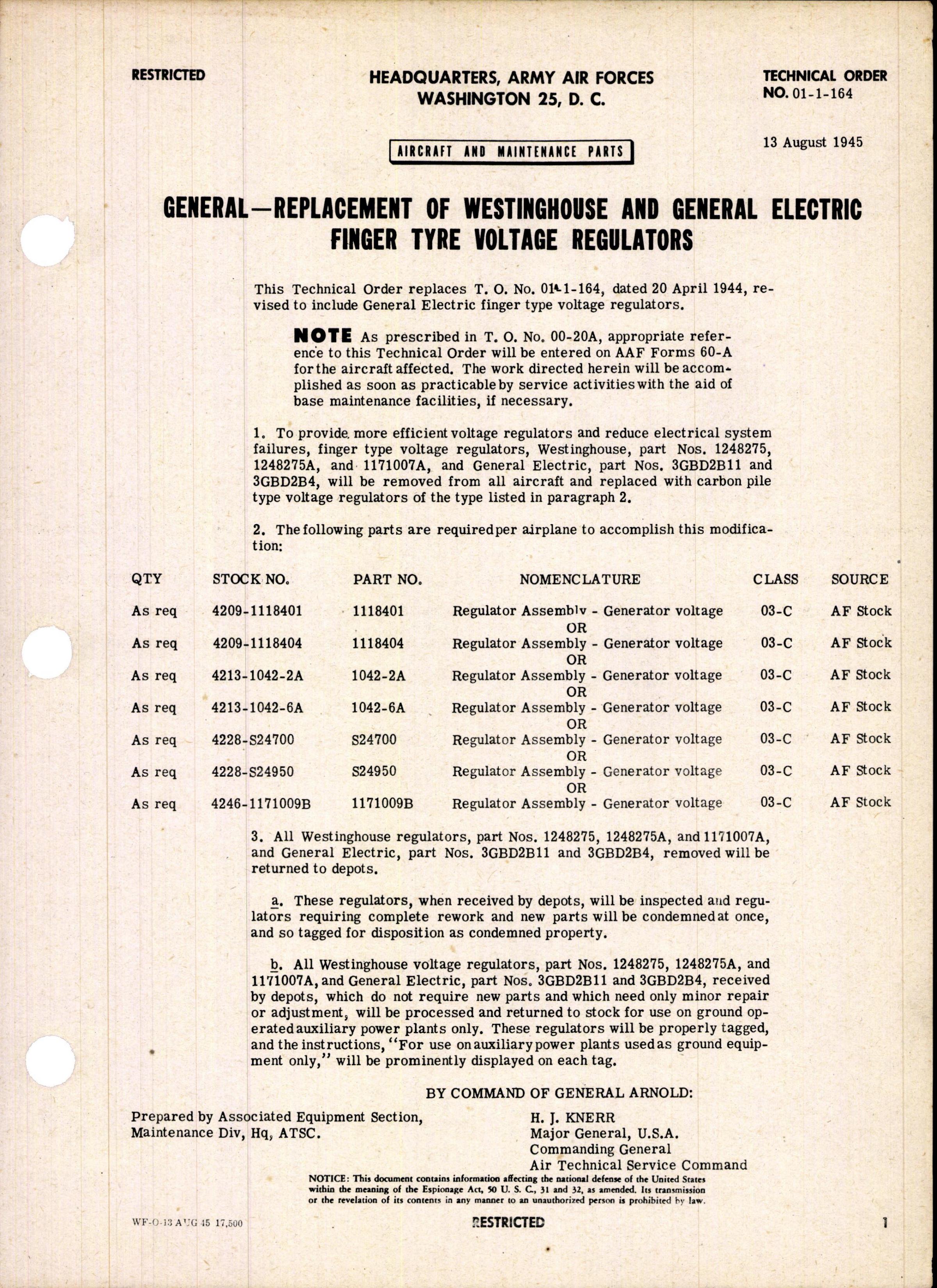 Sample page 1 from AirCorps Library document: Replacement of Westinghouse and General Electric Finger Tyre Voltage Regulators
