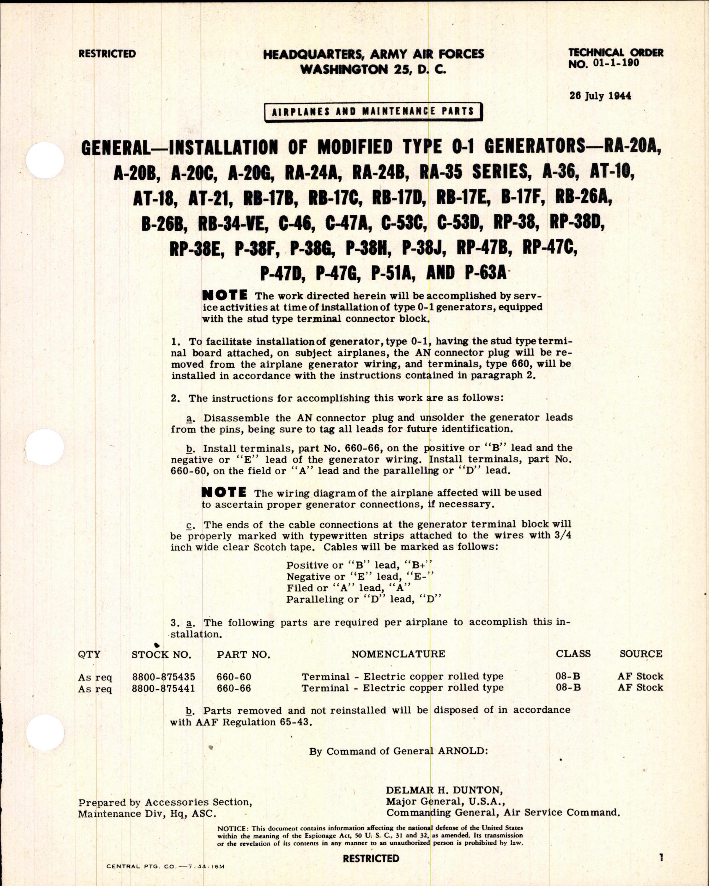 Sample page 1 from AirCorps Library document: Installation of Modified Type 0-1 Generators