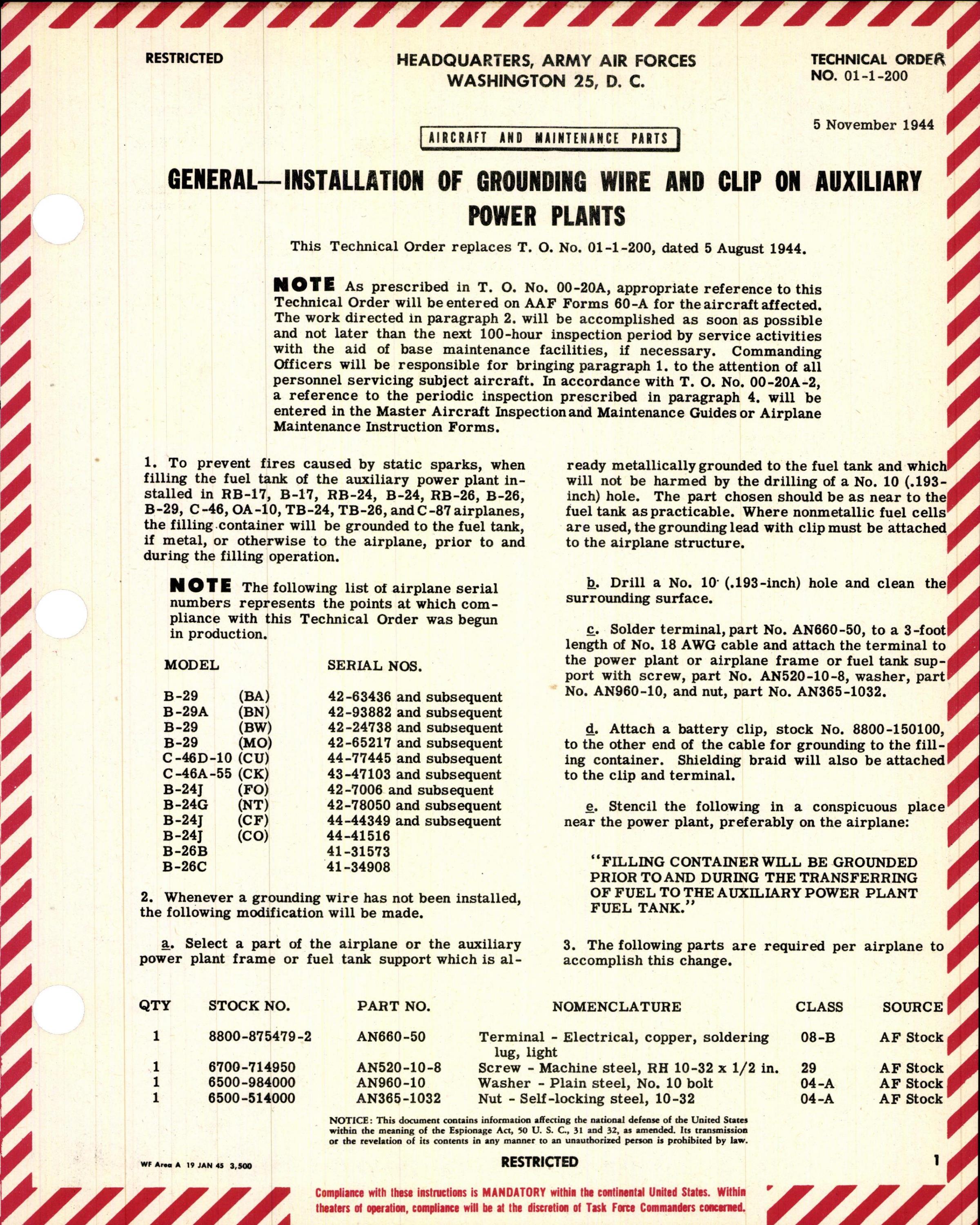 Sample page 1 from AirCorps Library document: Installation of Grounding Wire and Clip on Auxiliary Power Plants