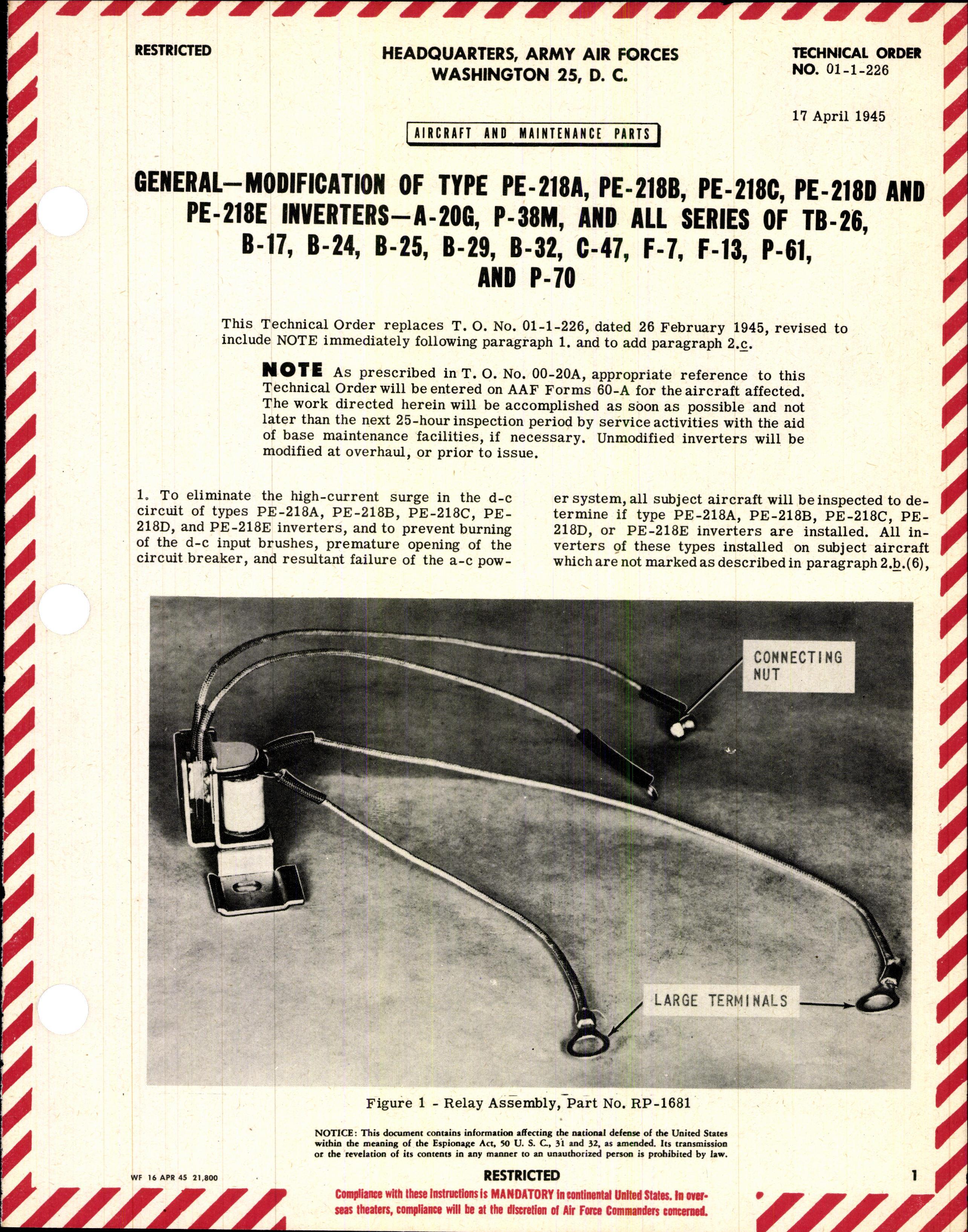 Sample page 1 from AirCorps Library document: Modification of Type PE-218A, B, C, D, and E Inverters