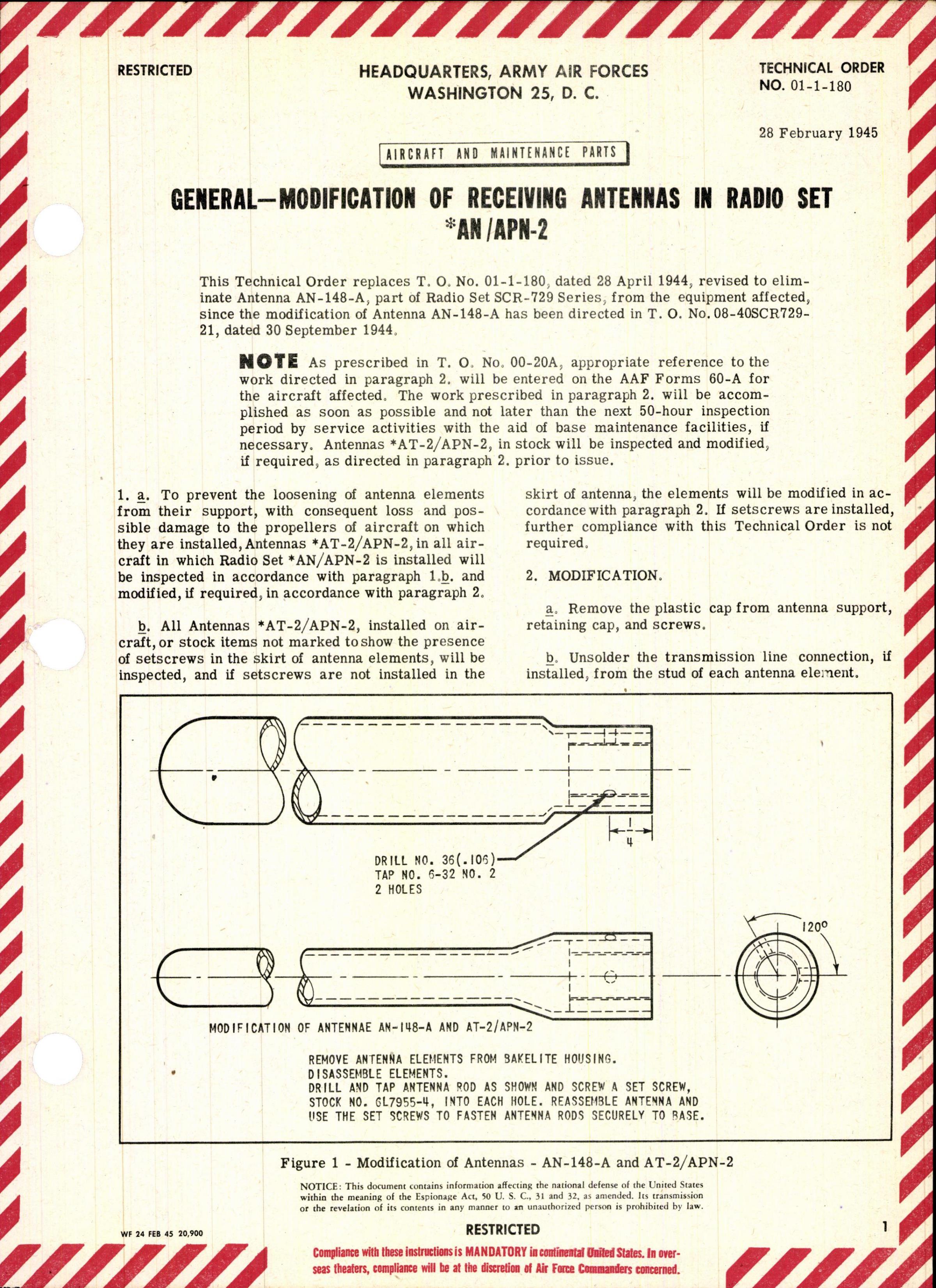 Sample page 1 from AirCorps Library document: Modification of Receiving Antennas in Radio Set AN/APN-2