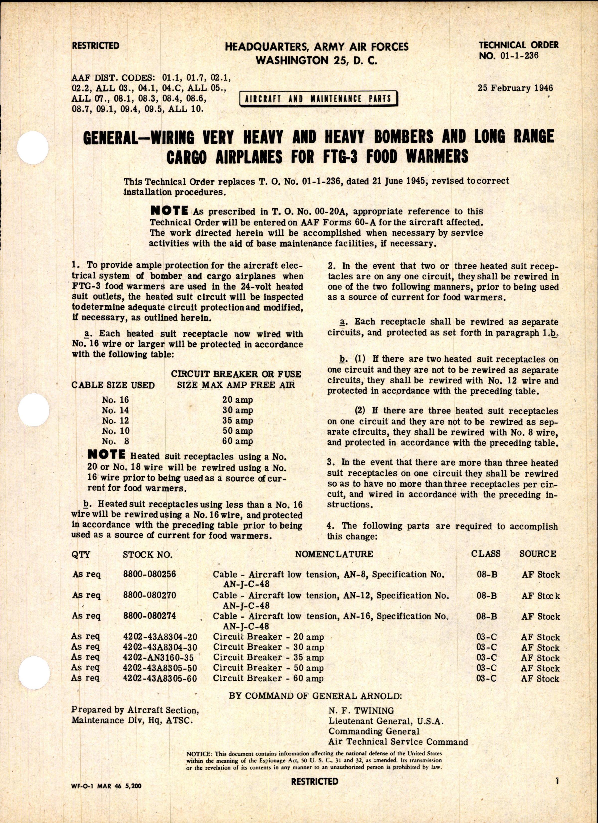 Sample page 1 from AirCorps Library document: Wiring Very Heavy & Heavy Bombers and Long Range Cargo Airplanes for FTG-3 Food Warmers