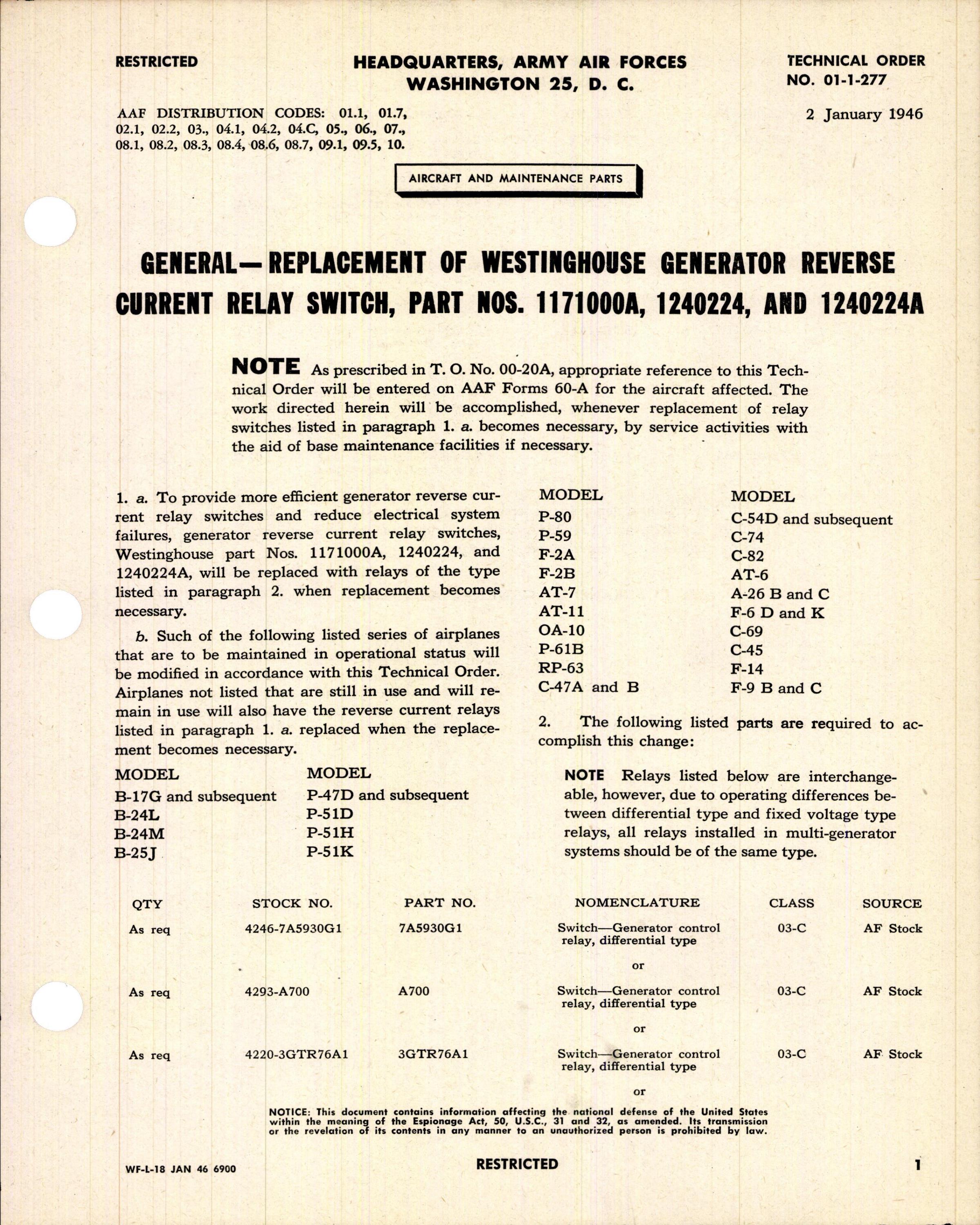 Sample page 1 from AirCorps Library document: Replacement of Generator Reverse Current Relay Switch