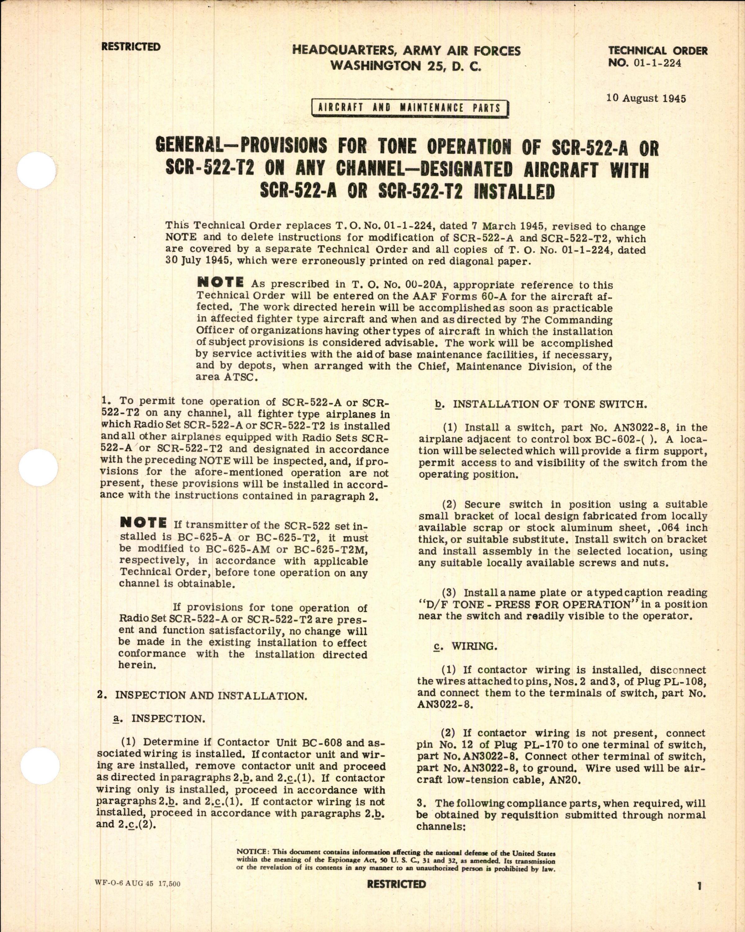 Sample page 1 from AirCorps Library document: Provision for Tone Operation of SCR-522-A or -T2 on Any Channel