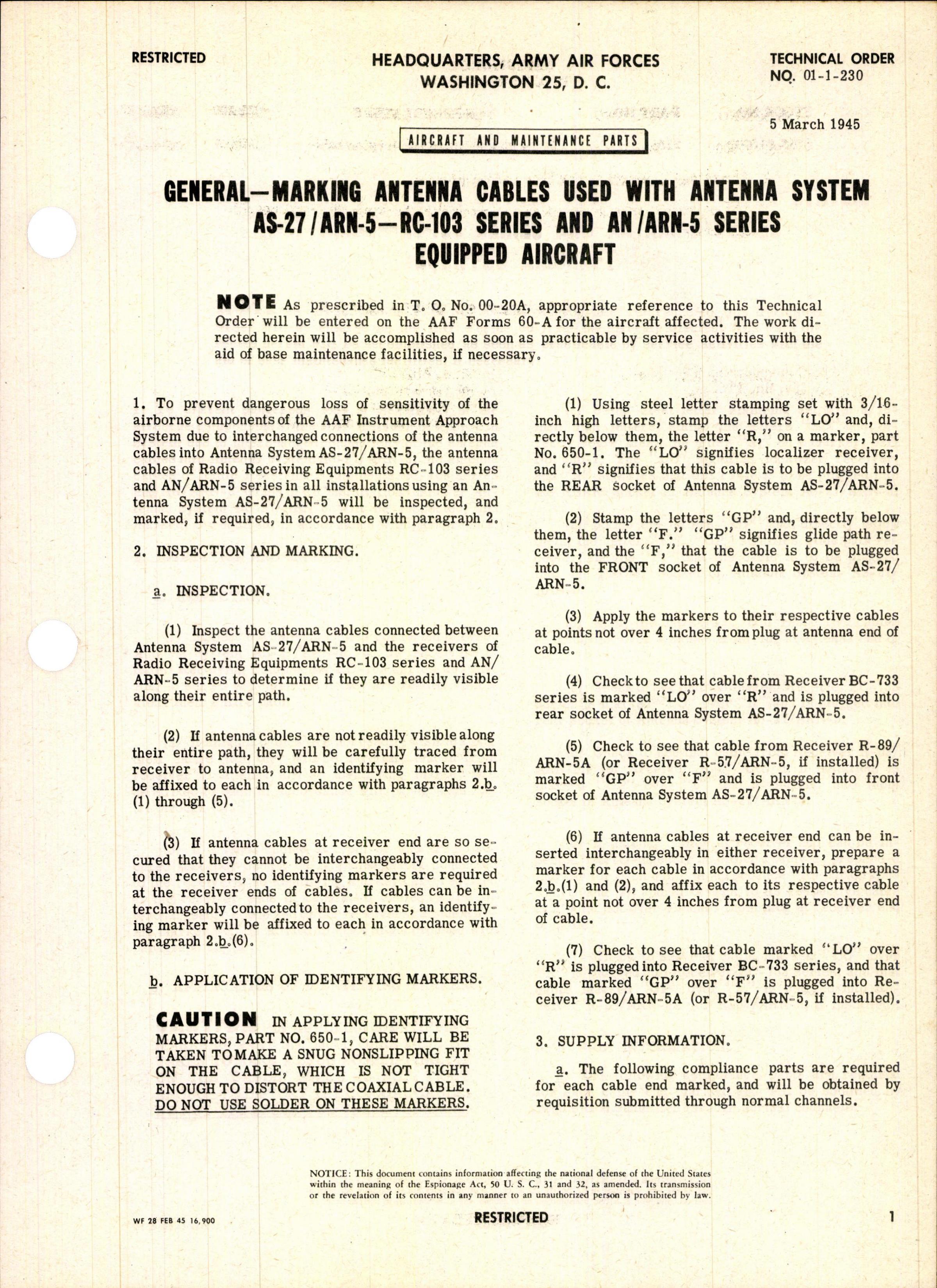 Sample page 1 from AirCorps Library document: Marking Antenna Cables Used with Antenna System AS-27/ARN-5