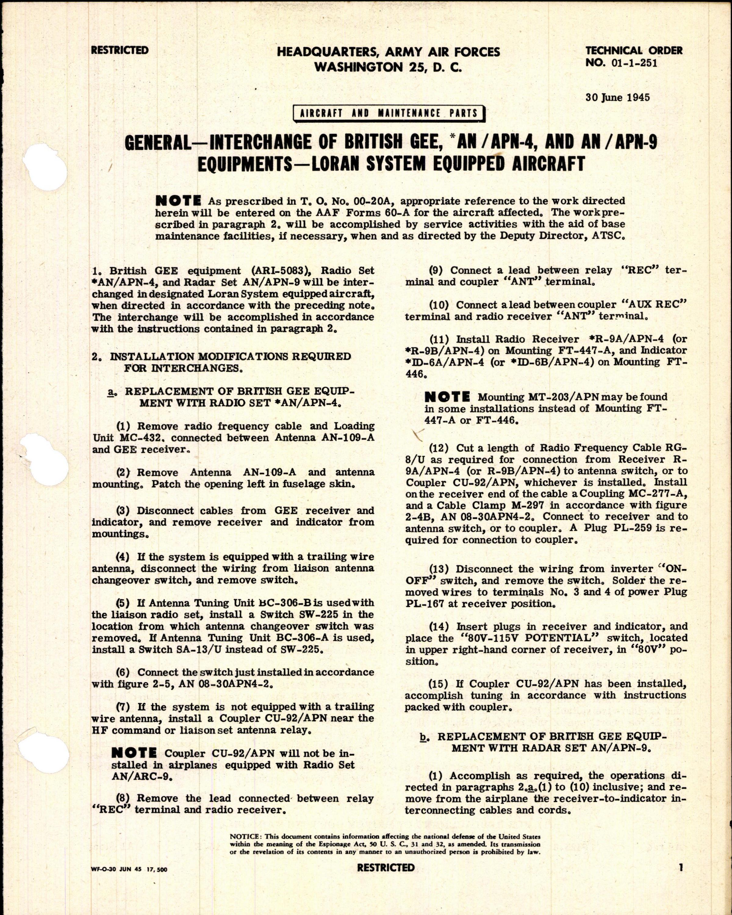 Sample page 1 from AirCorps Library document: Interchange of British Gee, AN/APV-4 and AN/APN-9 Equipments