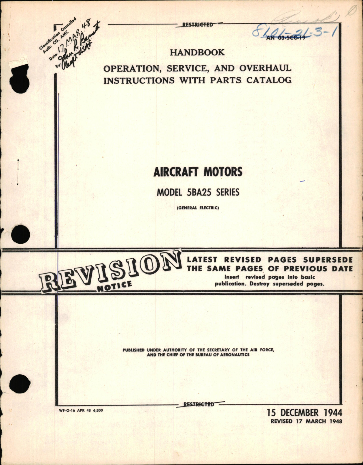 Sample page 1 from AirCorps Library document: Operation, Service, & Overhaul Instructions with Parts Catalog for Aircraft Motors Model 5BA25 Series
