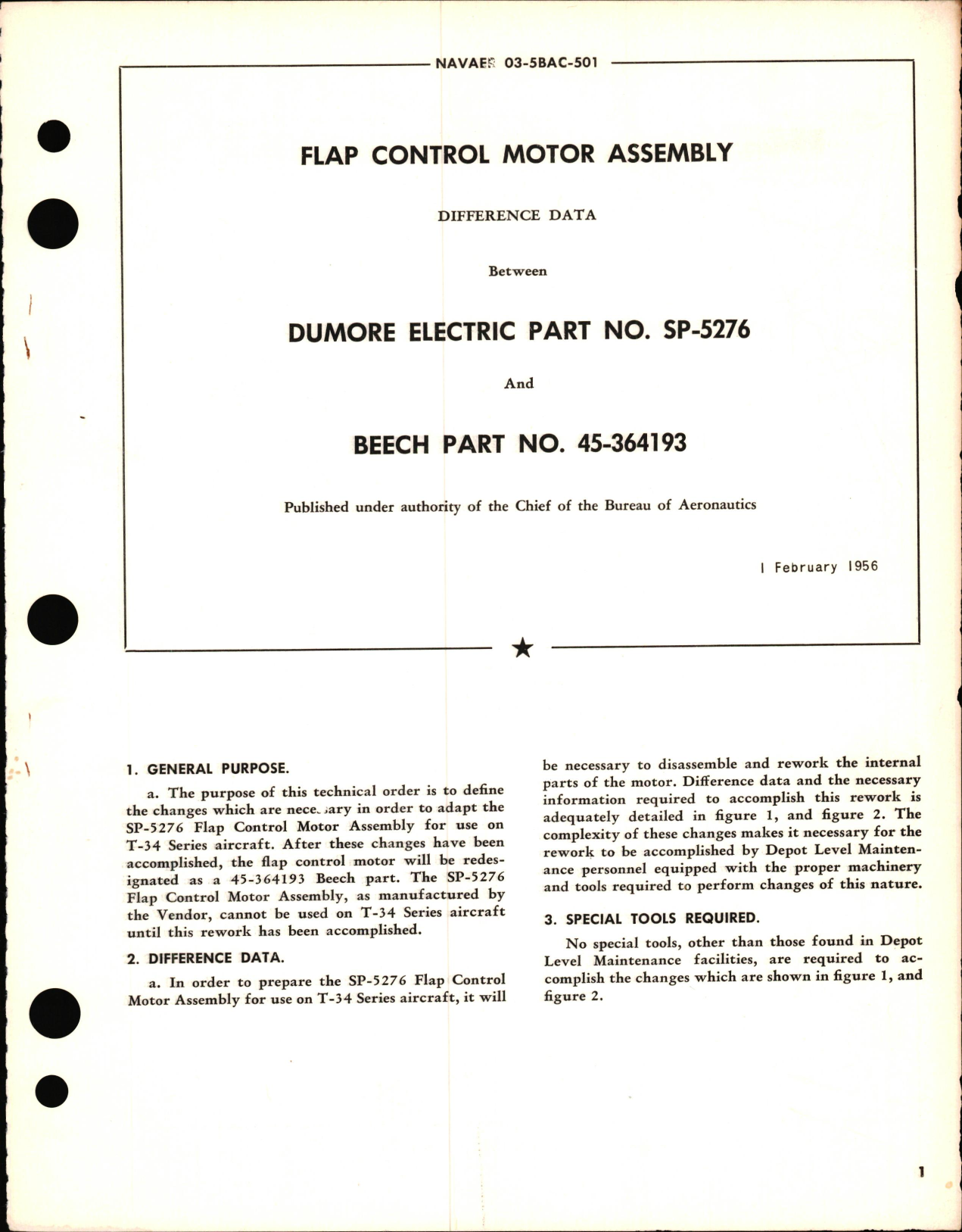 Sample page 1 from AirCorps Library document: Difference Data Between Flap Control Motor Assembly Dumore Electric Part No. SP-5276 & Beech Part No. 45-364193