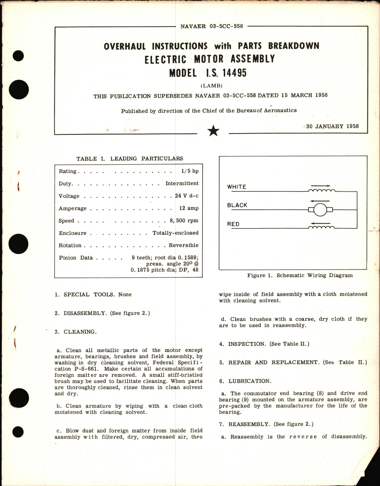 Sample page 1 from AirCorps Library document: Overhaul Instructions with Parts Breakdown for Electric Motor Assembly Model I.S. 14495 
