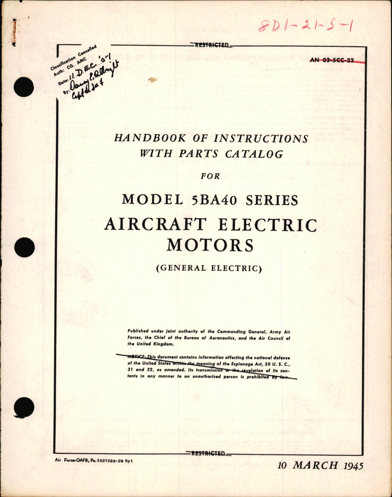 Sample page 1 from AirCorps Library document: Instructions with Parts Catalog for Model 5BA40 Series Aircraft Electric Motors