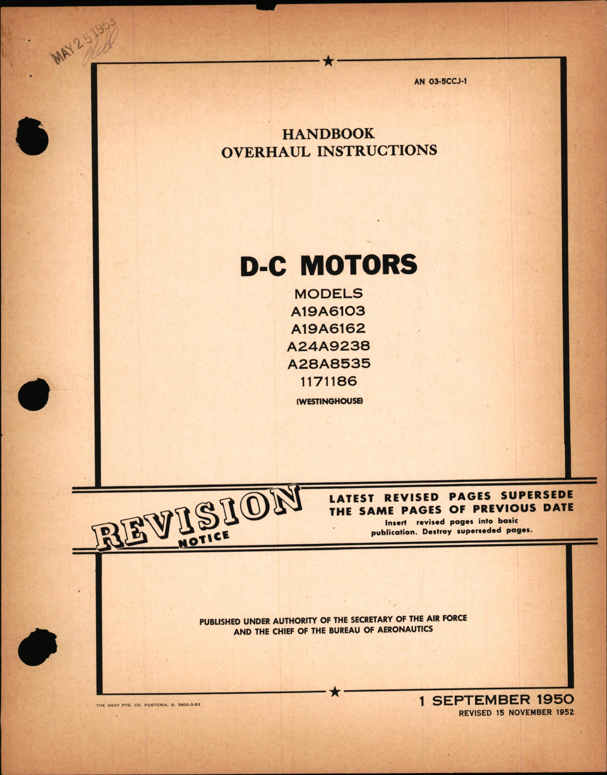 Sample page 1 from AirCorps Library document: Overhaul Instructions for D-C Motors Models A19A6103, A19A6162, A24A9238, A28A8535, 1171186