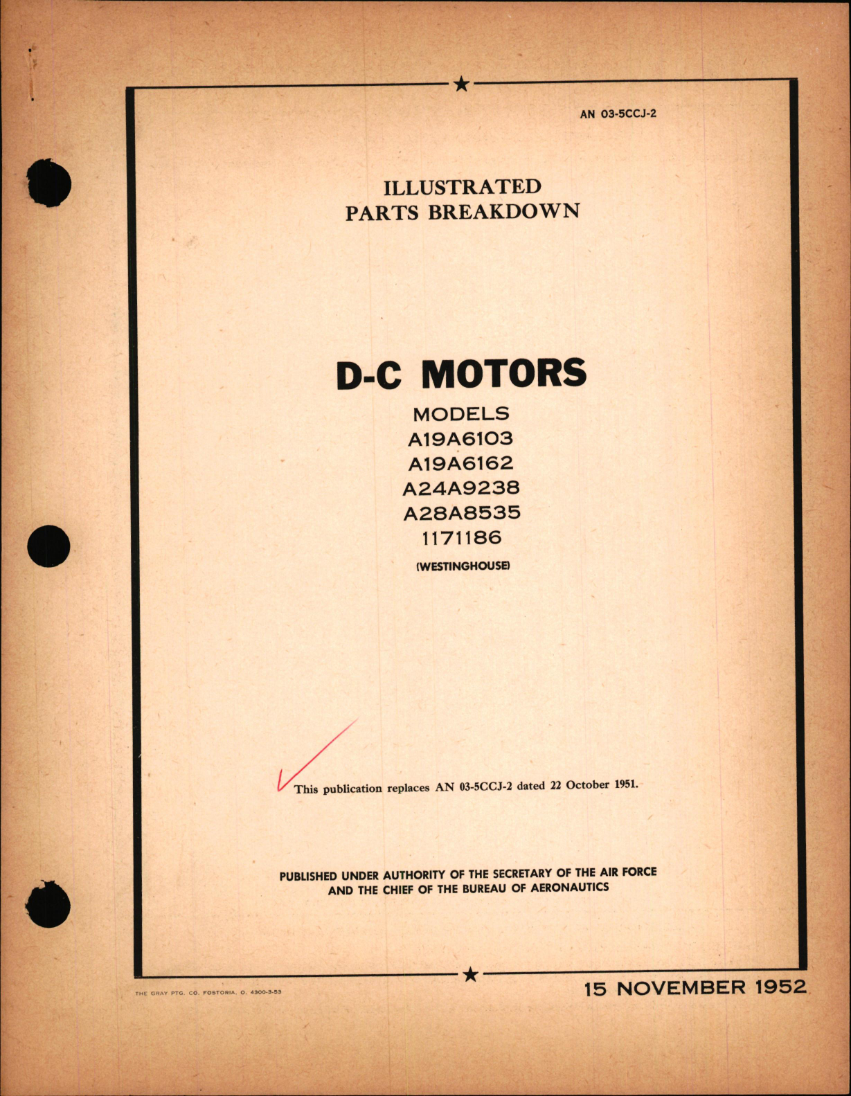 Sample page 1 from AirCorps Library document: Illustrated Parts Breakdown for D-C Motors Models A19A6103, A19A6162, A24A9238, A28A8535, 1171186