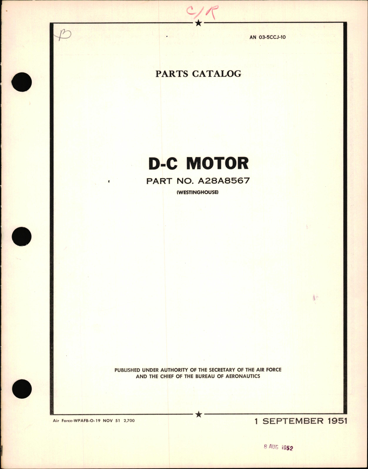 Sample page 1 from AirCorps Library document: Parts Catalog for D-C Motor Part No. A28A8567