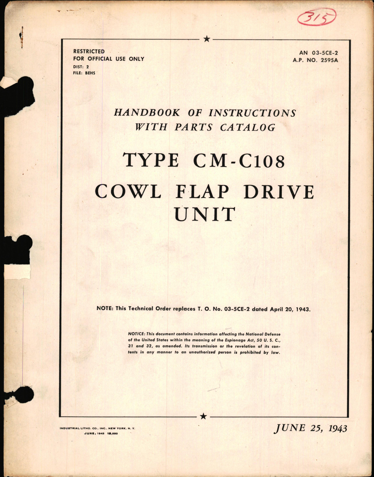 Sample page 1 from AirCorps Library document: Instructions with Parts Catalog for Type CM-C108 Cowl Flap Drive Unit