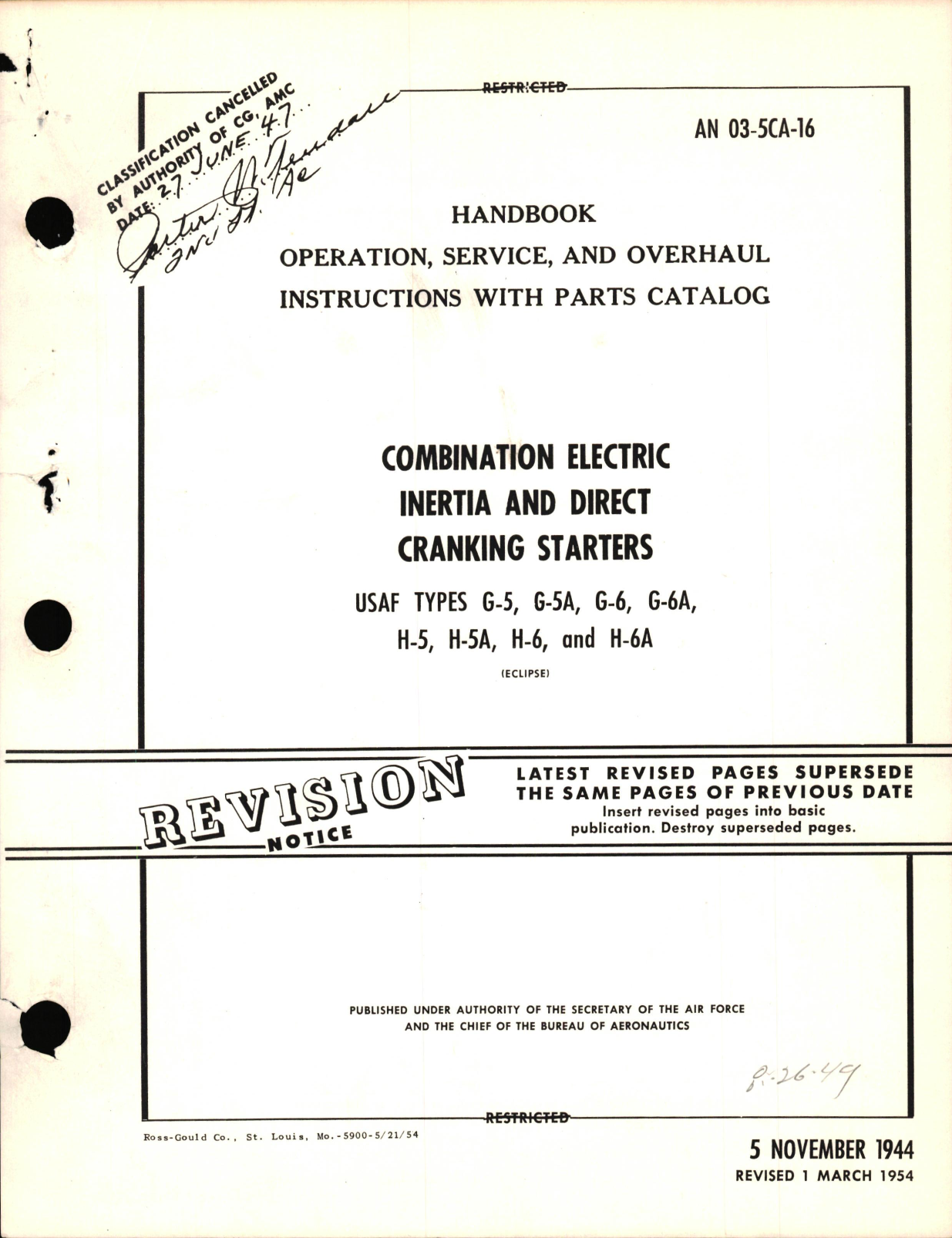 Sample page 1 from AirCorps Library document: Operation, Service, & Overhaul Instructions with Parts Catalog for Combination Electric Inertia & Direct Cranking Starters