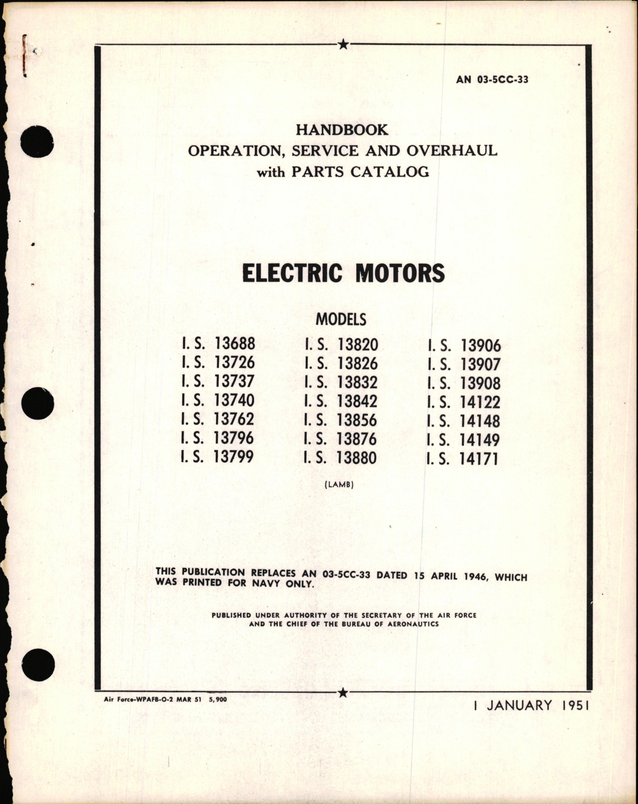 Sample page 1 from AirCorps Library document: Operation, Service, & Overhaul with Parts Catalog for Electric Motors