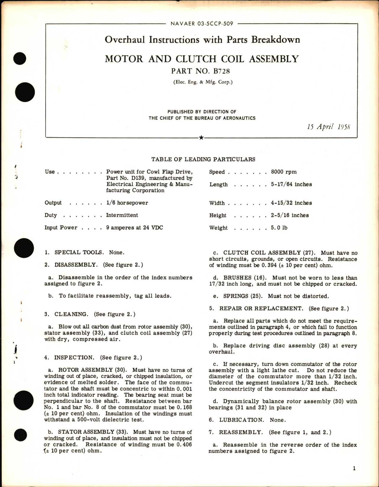 Sample page 1 from AirCorps Library document: Overhaul Instructions with Parts Breakdown for Motor and Clutch Coil Assembly Part No. B-728
