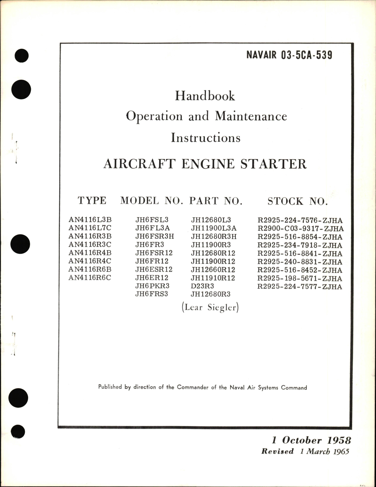 Sample page 1 from AirCorps Library document: Operation & Maintenance Instructions for Aircraft Engine Starter