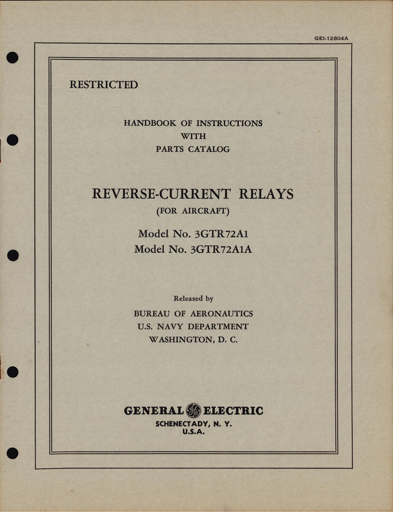Sample page 1 from AirCorps Library document: Instructions with Parts Catalog for Reverse-Current Relays Model Nos. 3GTR72A1 & 3GTR72A1A