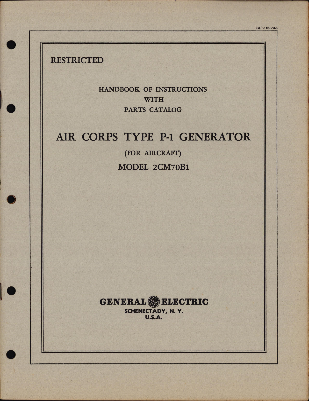 Sample page 1 from AirCorps Library document: Instructions with Parts Catalog Air Corps Type P-1 Generator Model 2CM70B1