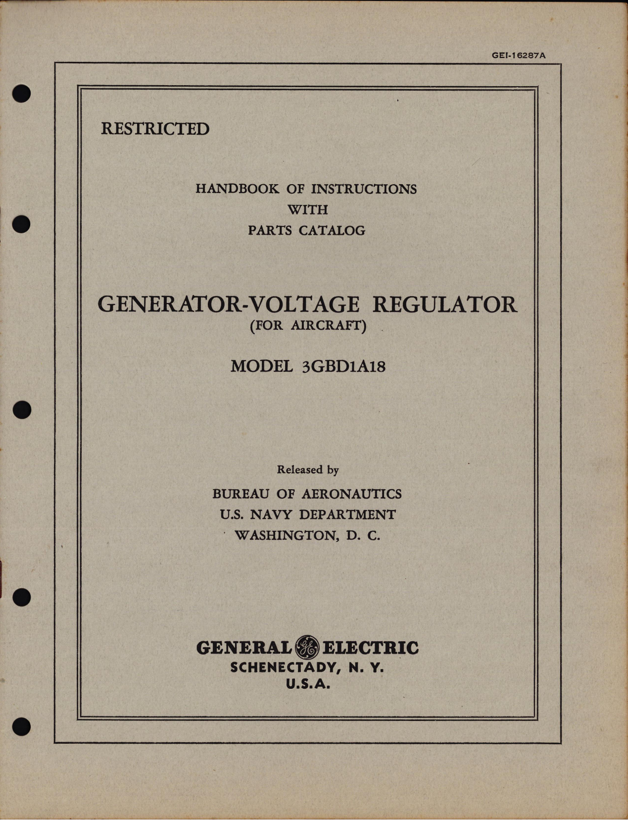 Sample page 1 from AirCorps Library document: Instructions with Parts Catalog for Generator-Voltage Regulator Model 3GBD1A18