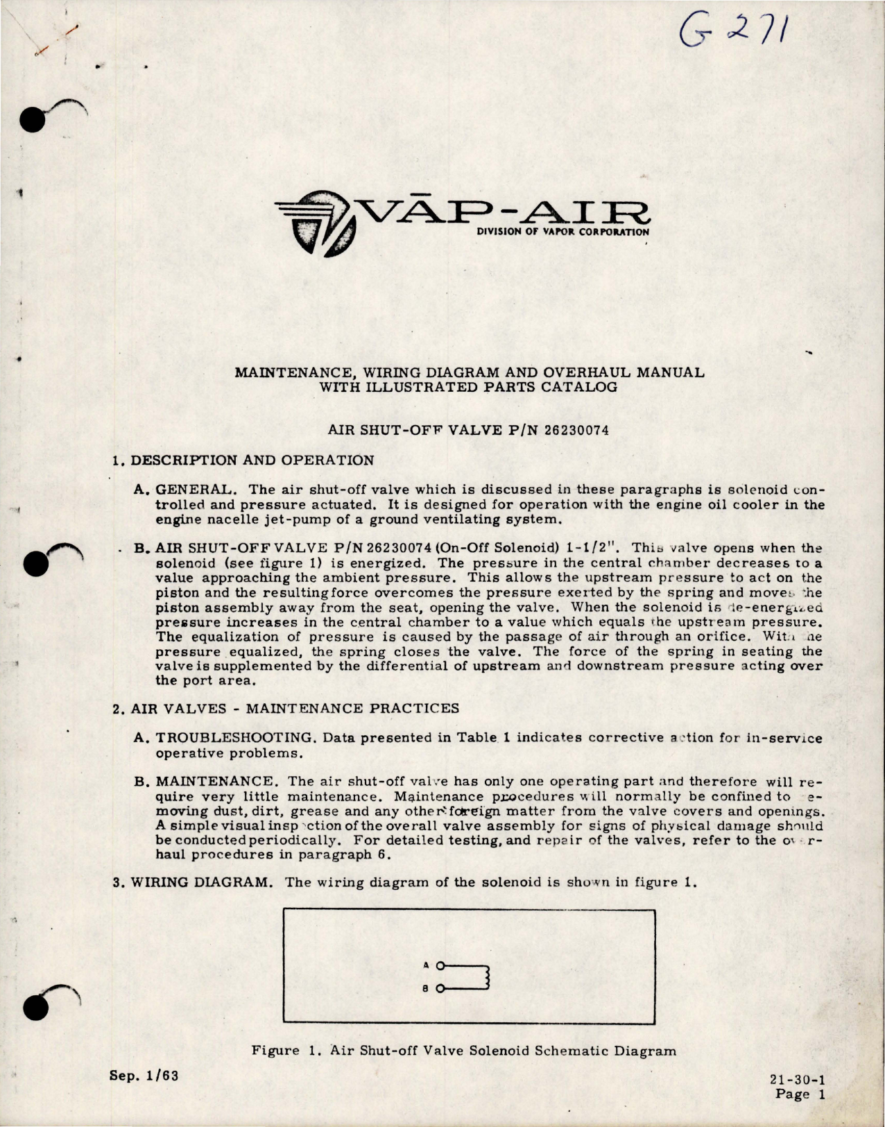 Sample page 1 from AirCorps Library document: Maintenance, Wiring Diagram, Overhaul Manual with Parts for Air Shut Off Valve - Part 26230074 
