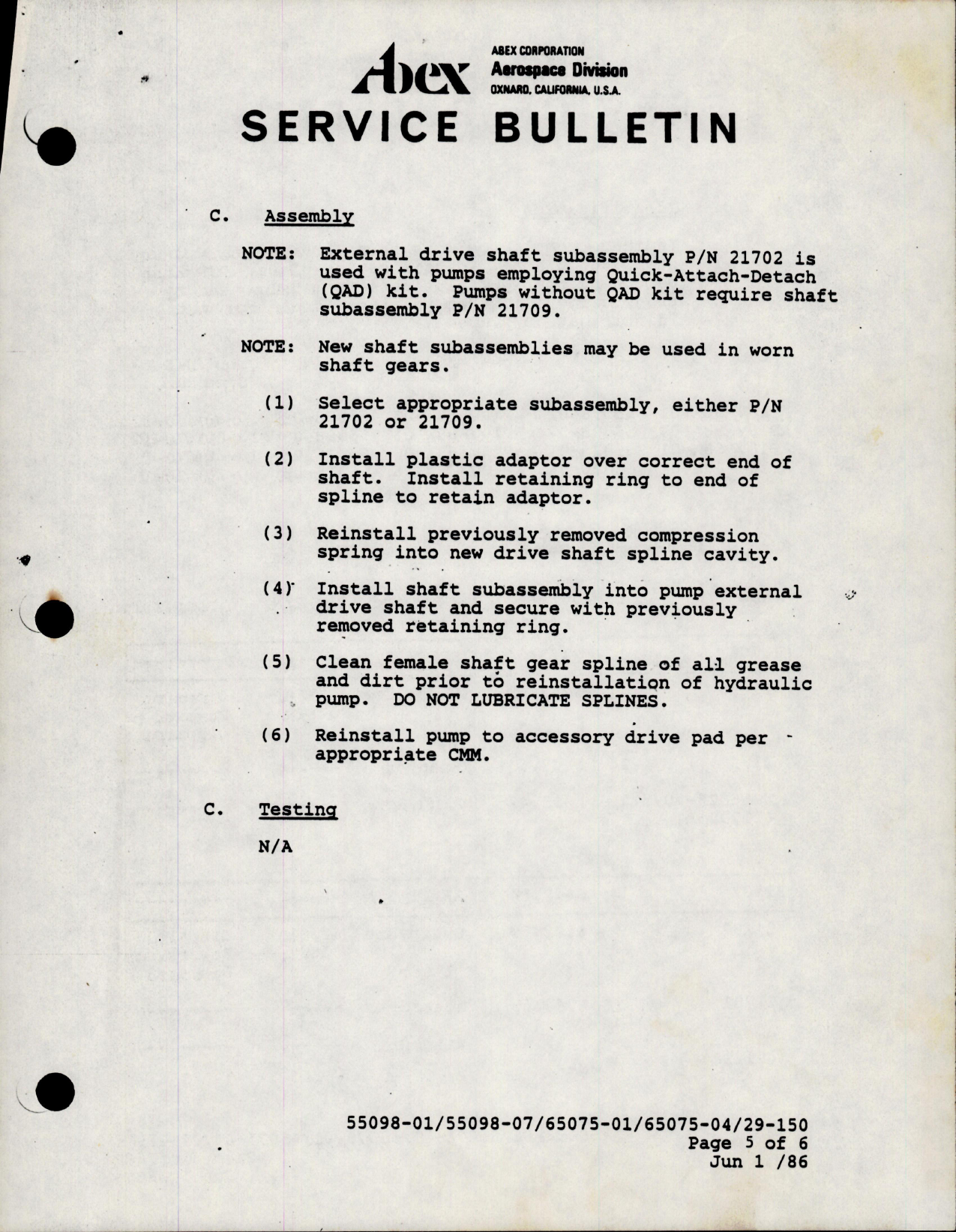 Sample page 5 from AirCorps Library document: Hydraulic Power - Engine Driven Pump - Installation of New Shaft S/A with Non-Metallic Adaptor - Model AP10V Series