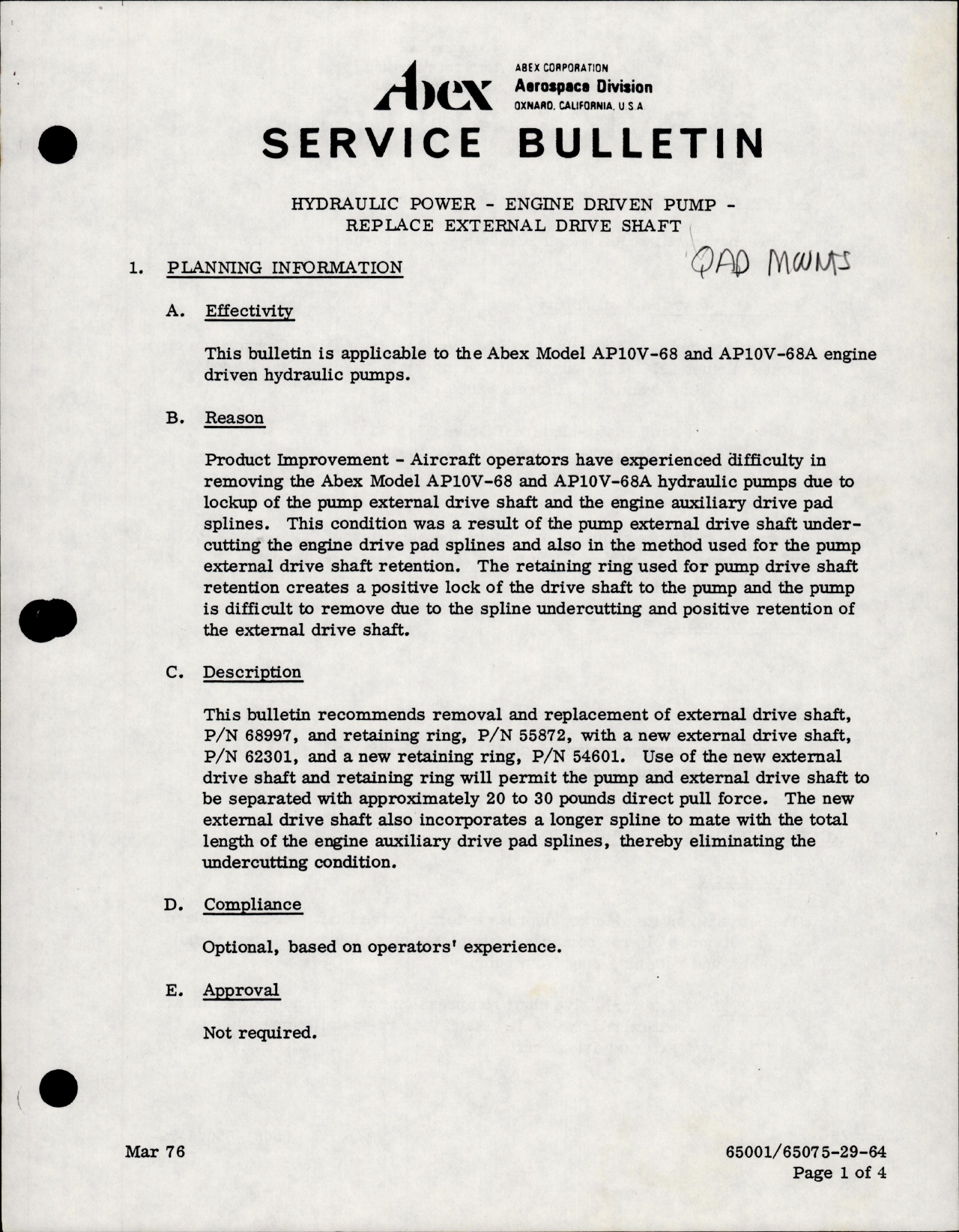 Sample page 1 from AirCorps Library document: Hydraulic Power - Engine Driven Pump - Model AP10V-68 and AP10V-68A - Product Improvement 