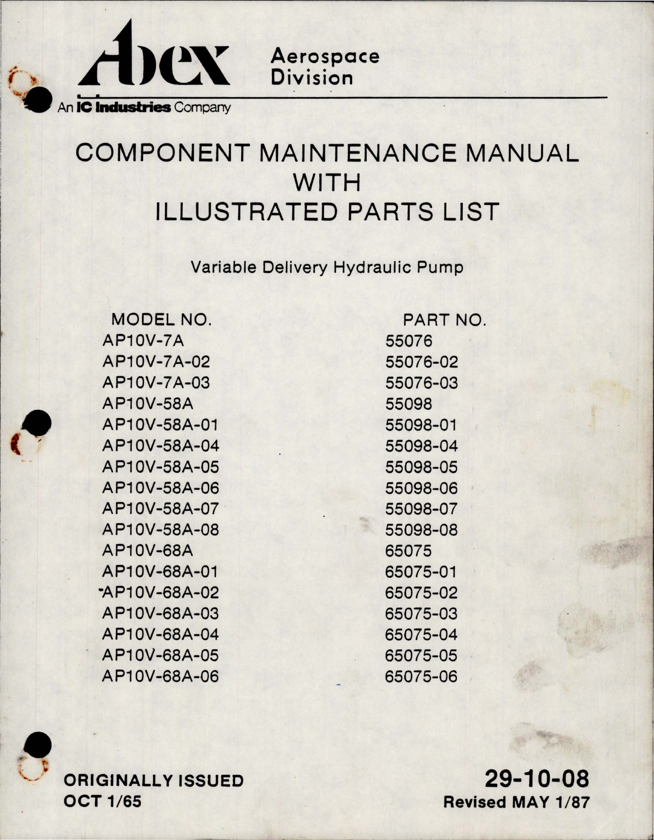 Sample page 1 from AirCorps Library document: Maintenance Manual with Illustrated Parts List for Variable Delivery Hydraulic Pump - Parts 55076, 55098, and 65075 Series