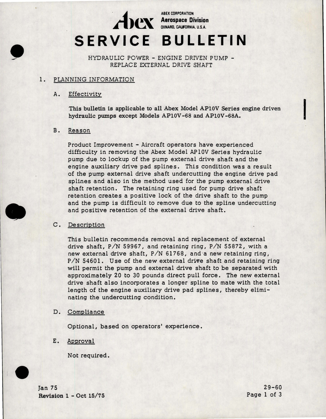 Sample page 1 from AirCorps Library document: Hydraulic Power - Engine Driven Pump - Model AP10V-68 and AP10V-68A - Product Improvement