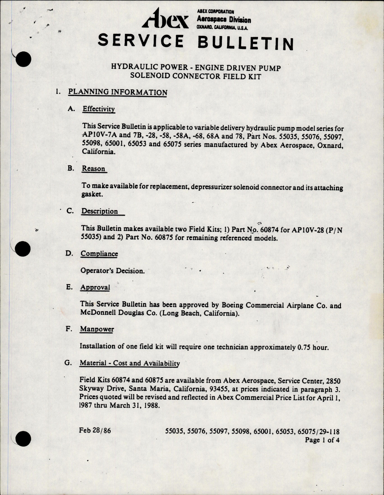 Sample page 1 from AirCorps Library document: Hydraulic Power - Engine Driven Pump - Solenoid Connector Field Kit Model AP10V Series 