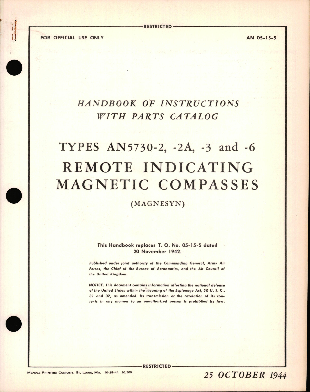 Sample page 1 from AirCorps Library document: Instructions with Parts Catalog for Types AN5730-2, AN5730-2A, AN5730-3, & AN5730-6 Remote Indicating Magnetic Compasses 