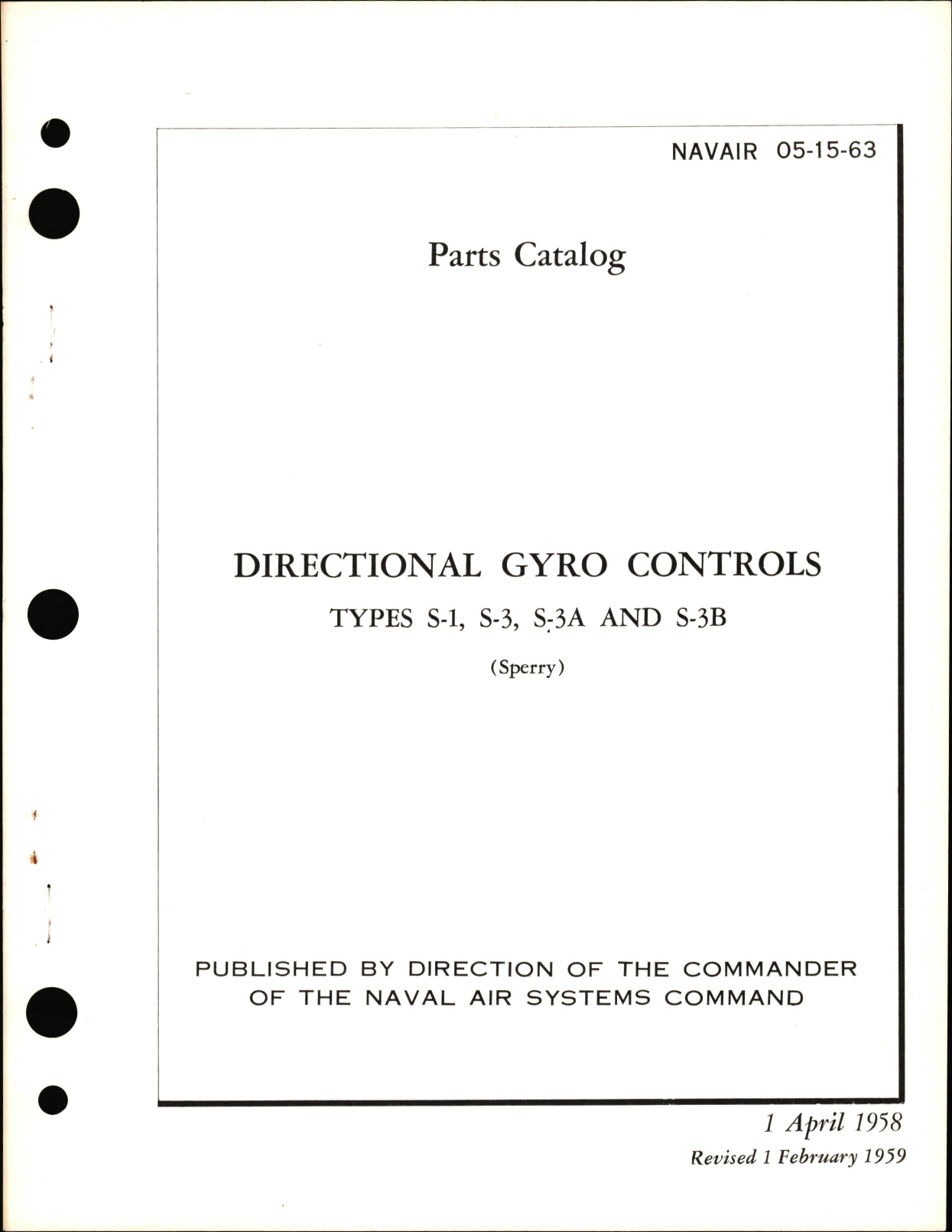 Sample page 1 from AirCorps Library document: Parts Catalog for Directional Gyro Controls Types S-1, S-3, S-3A, & S-3B