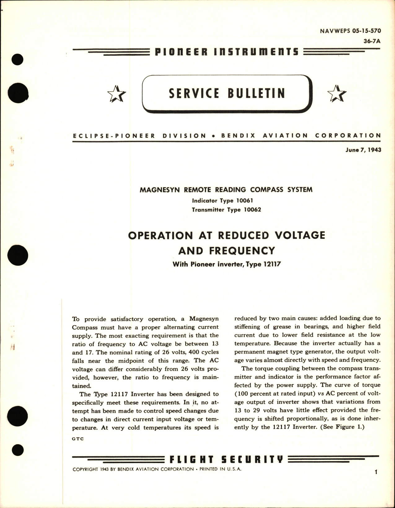 Sample page 1 from AirCorps Library document: Operation of Magnesyn Remote Reading Compass at Reduced Voltage & Frequency w Pioneer Inverter Type 12117