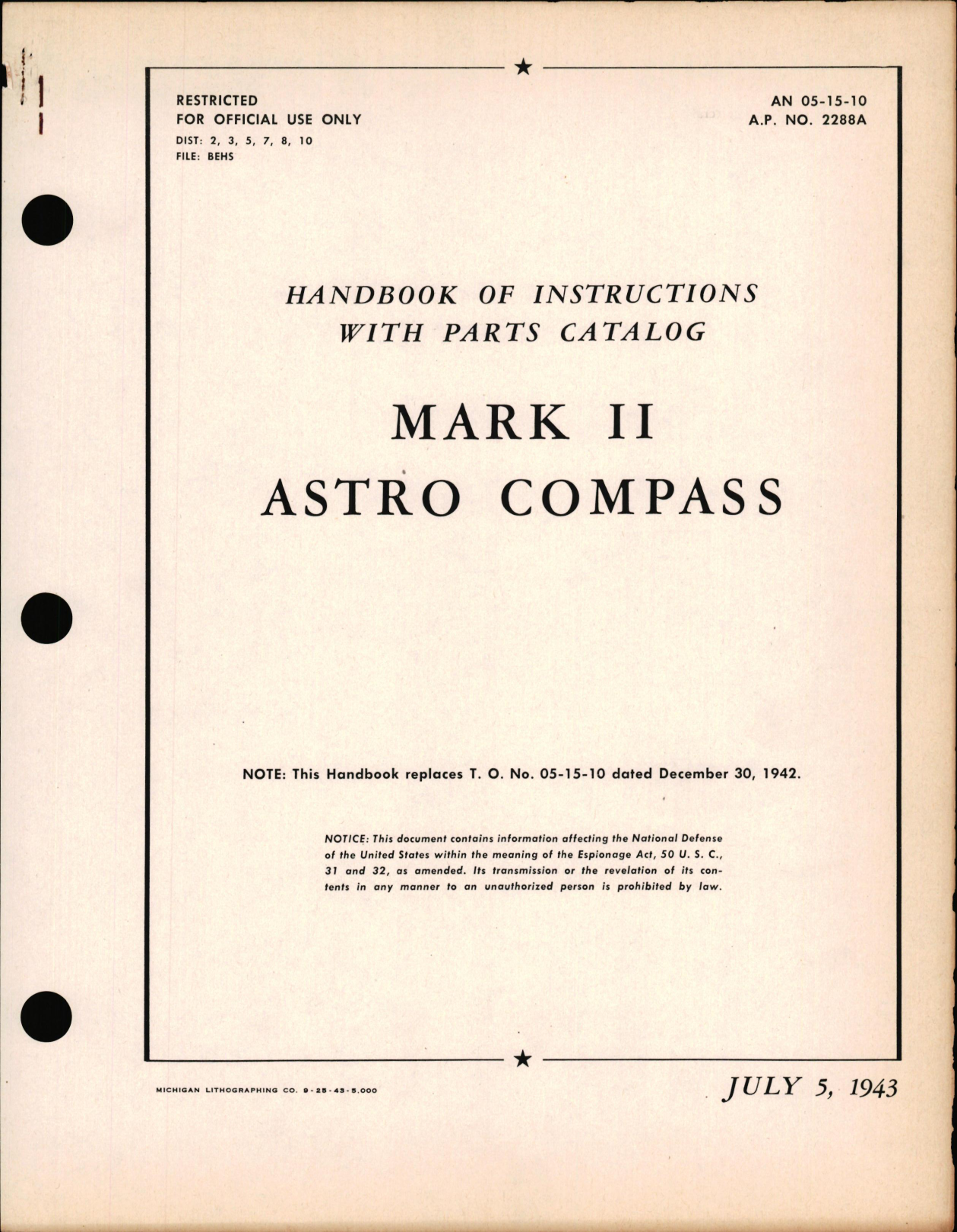 Sample page 1 from AirCorps Library document: Instructions with Parts Catalog for Mark II Astro Compass