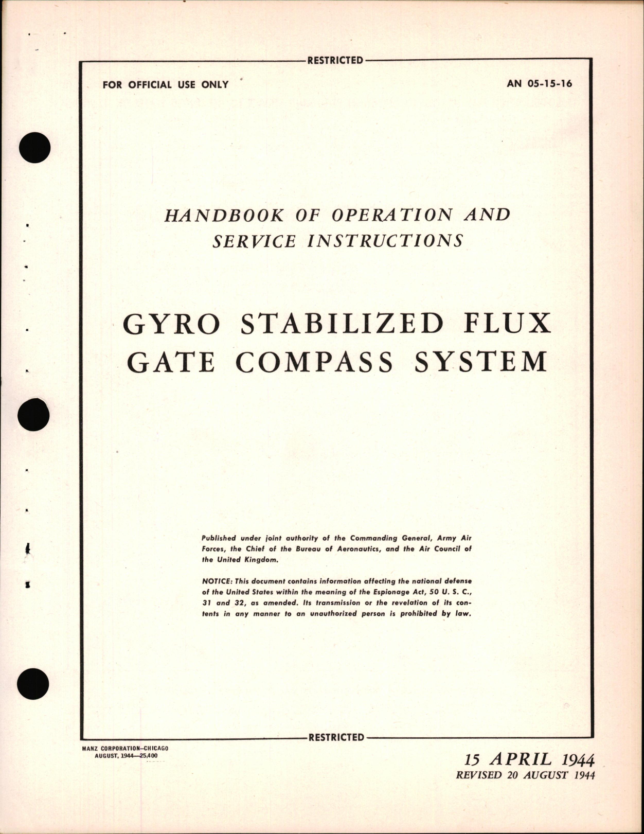 Sample page 1 from AirCorps Library document: Operation and Service Instructions for Gyro Stabilized Flux Gate Compass System