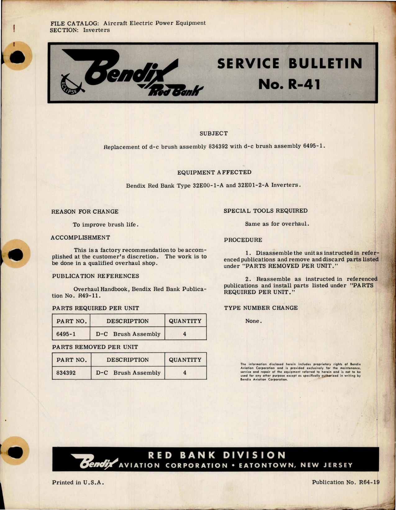 Sample page 1 from AirCorps Library document: Service Bulletin No. R-41, Replacement of D-C brush Assembly 834392 with DC Brush Assembly 6495-1 