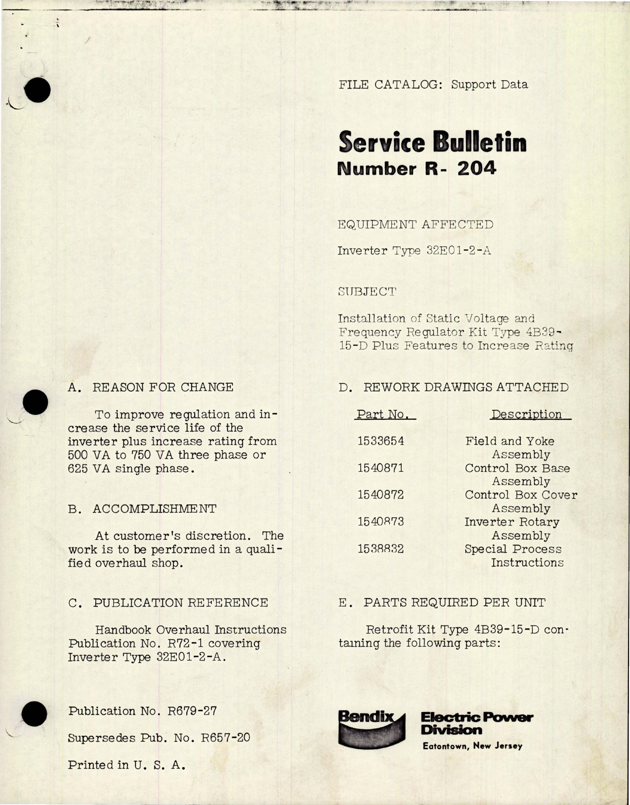 Sample page 1 from AirCorps Library document: Service Bulletin No. R-204, Installation of Static Voltage and Frequency Regulator Kit Type - 4B39-15-D
