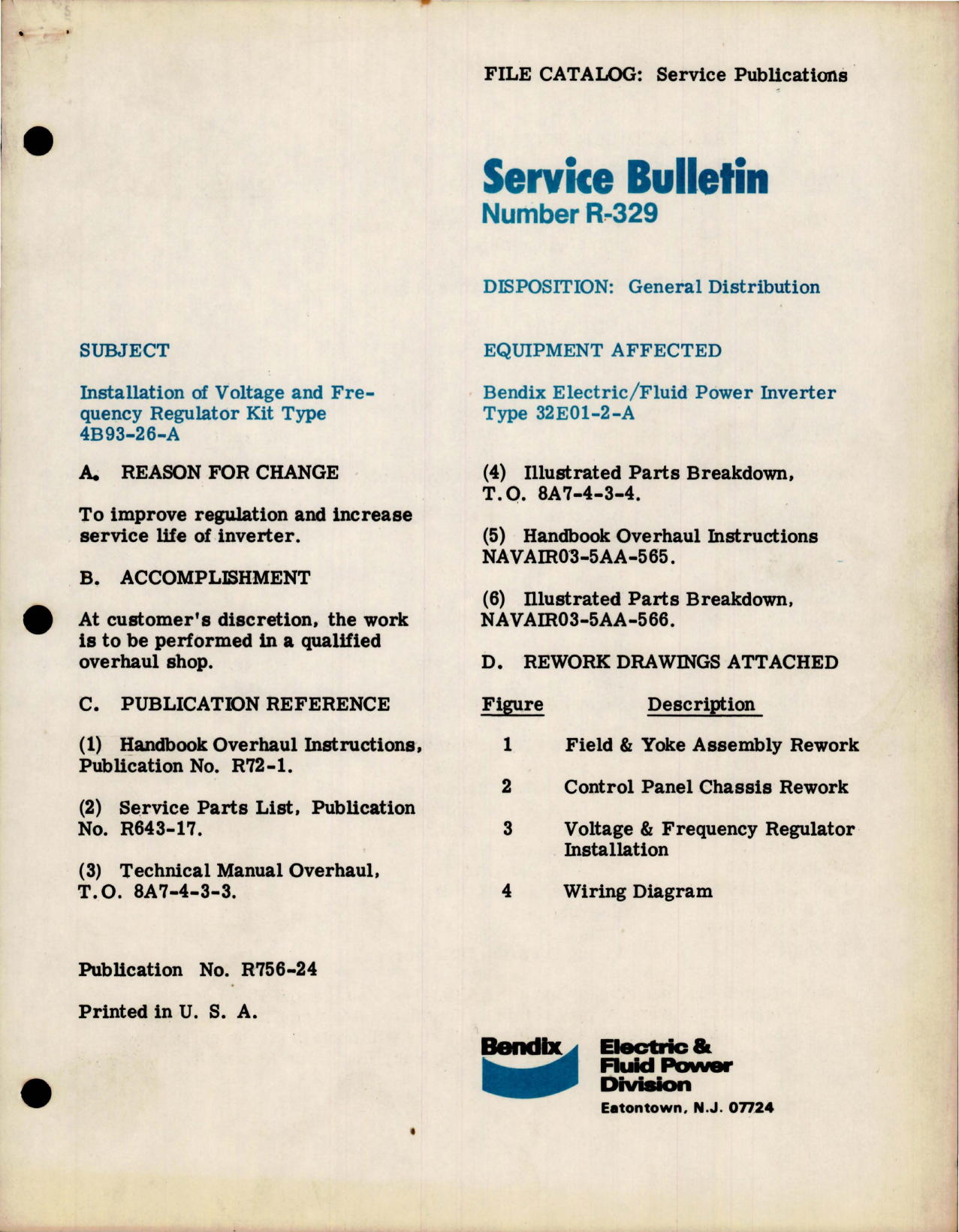 Sample page 1 from AirCorps Library document: Service Bulletin R-329, Installation of Voltage and Frequency Regulator Kit - Type 4B93-26-A 